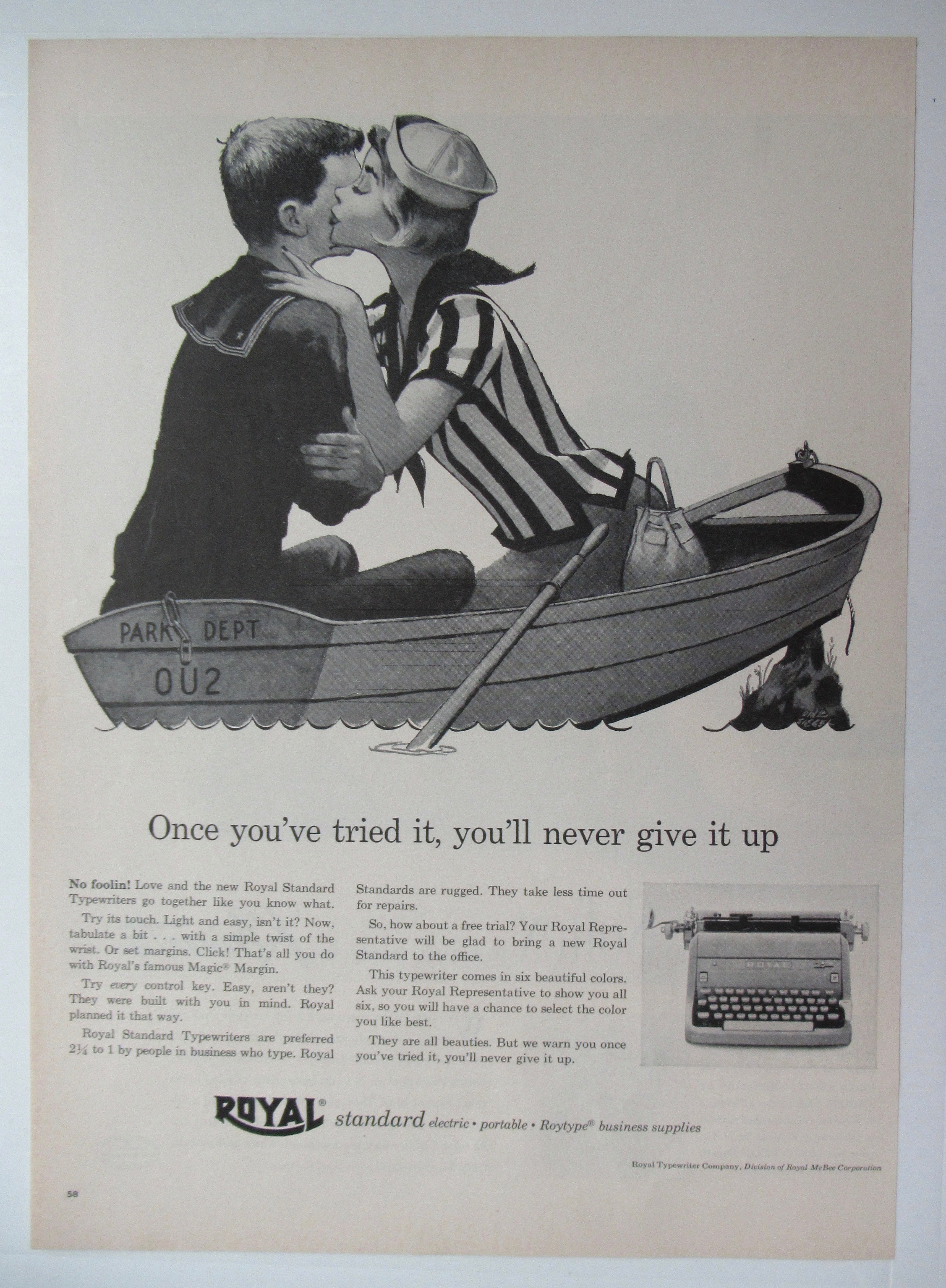 1956 Royal Typewriter with Woman Kissing Man in a Boat
