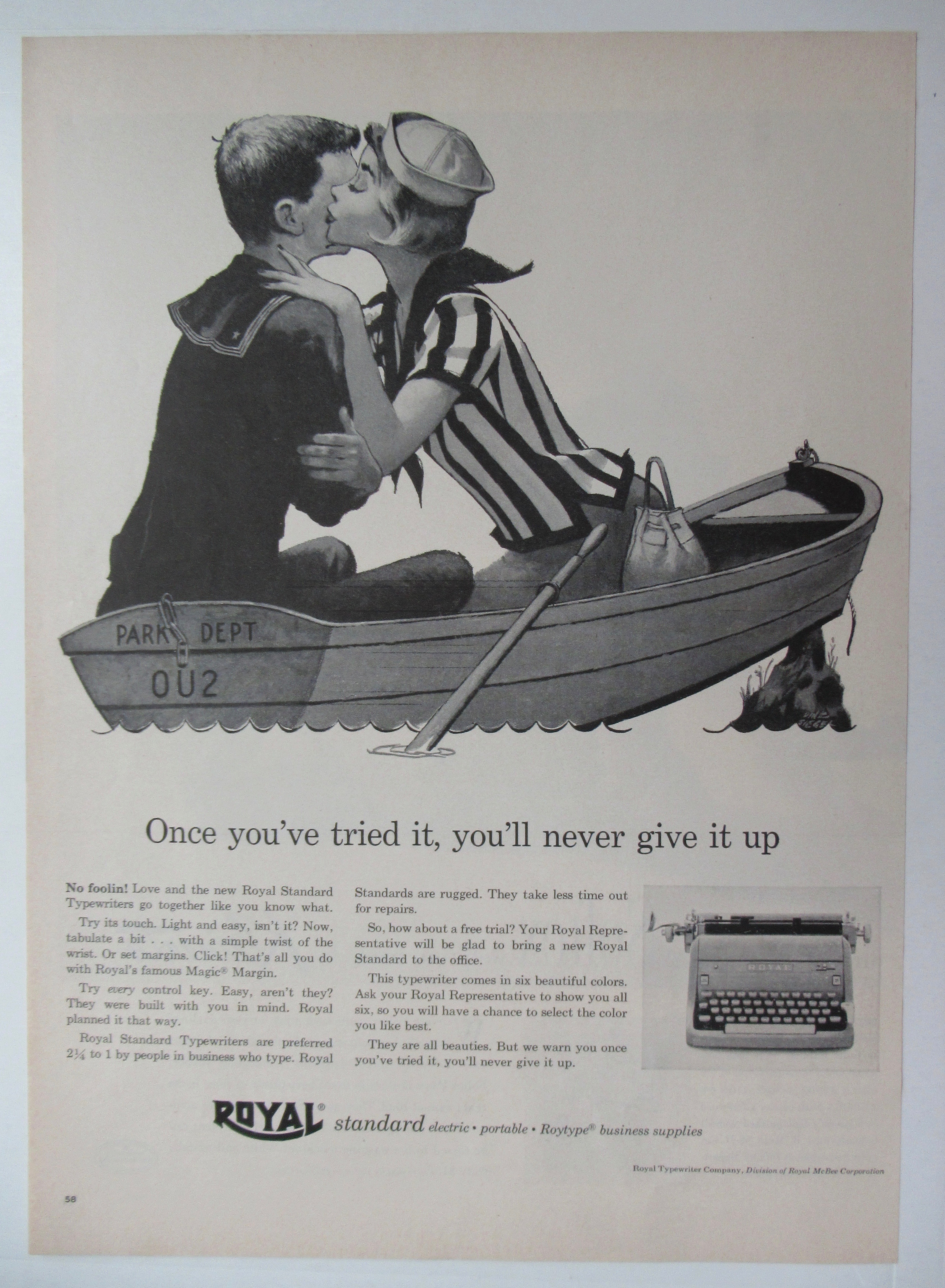 1956 Royal Typewriter with Woman Kissing Man in a Boat