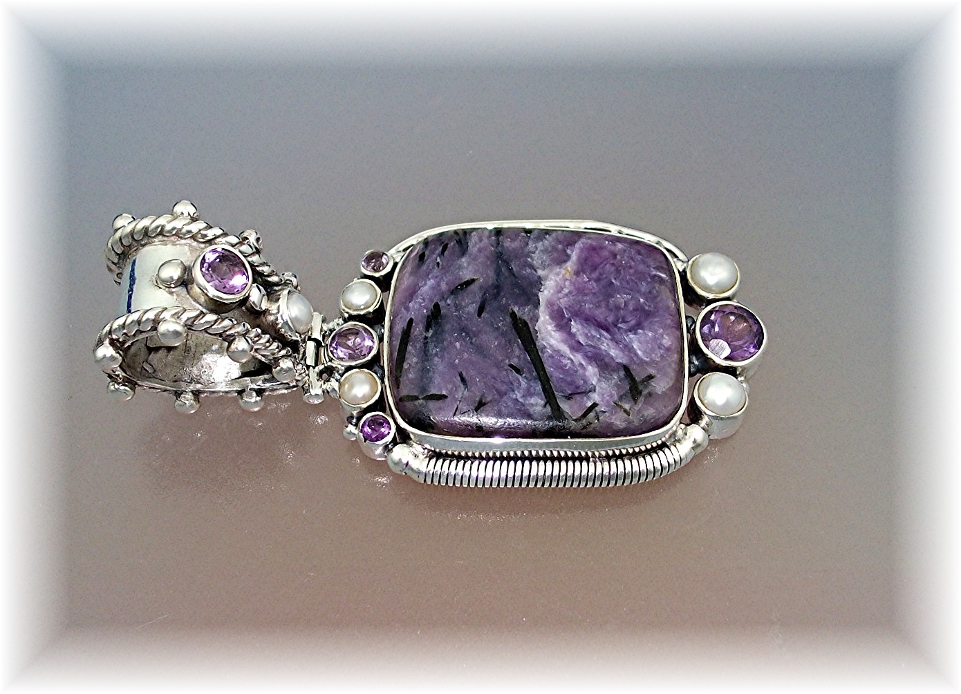 Pendant Sterling Silver Pearl Amethyst Russian Charolit
