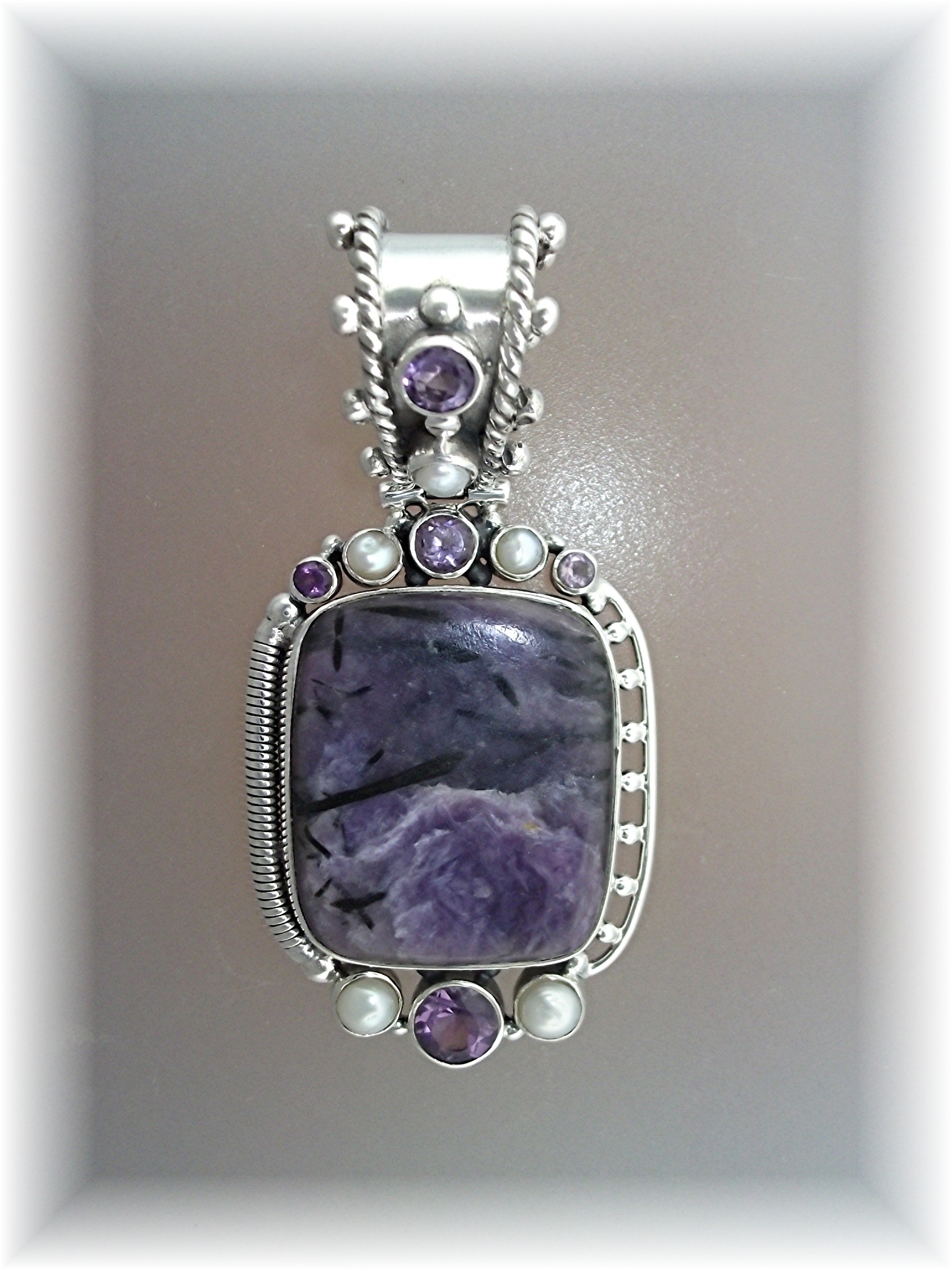 Pendant Sterling Silver Pearl Amethyst Russian Charolit