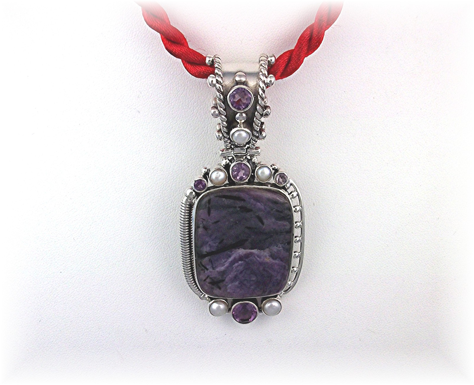 Pendant Sterling Silver Pearl Amethyst Russian Charolit