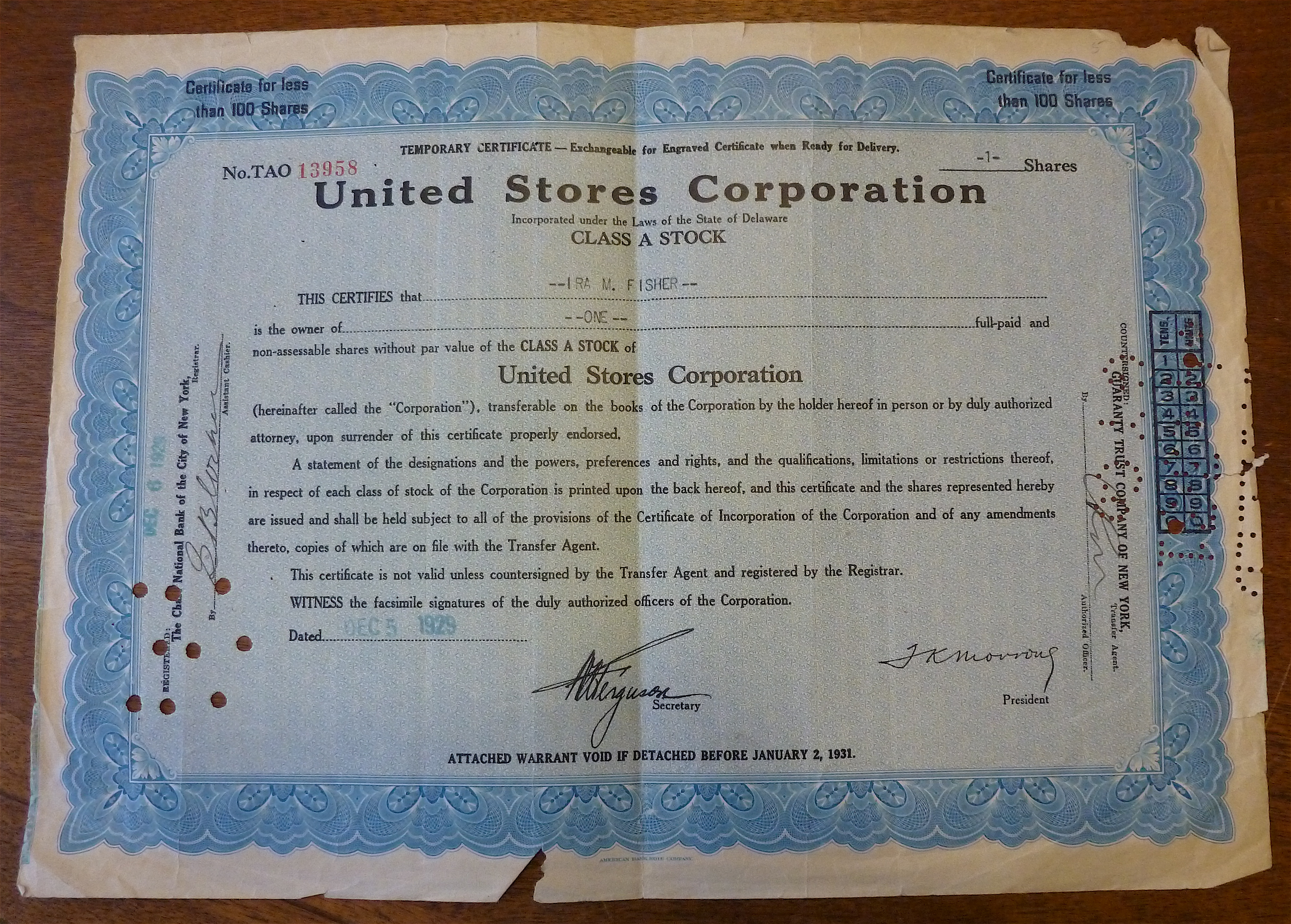 1931 United Stores Corporation Stock Certificate
