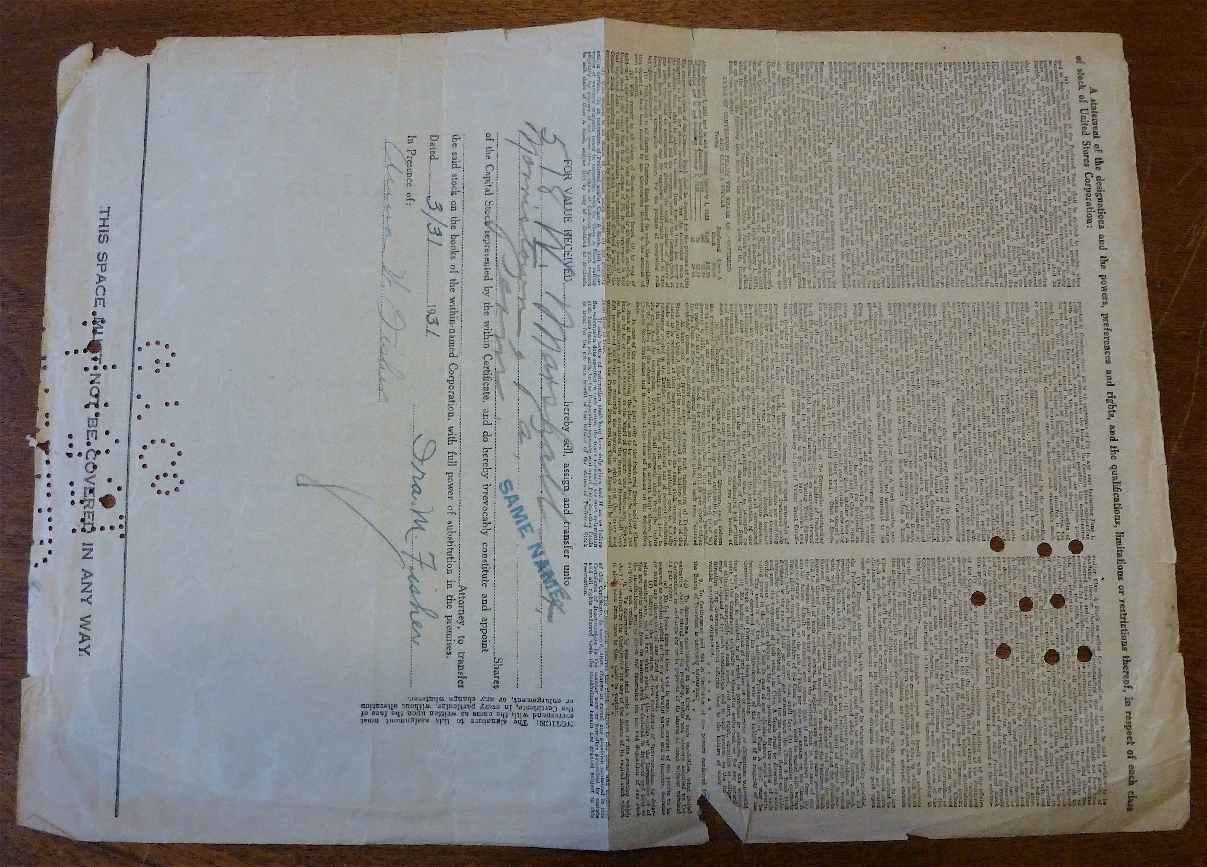 1931 United Stores Corporation Stock Certificate