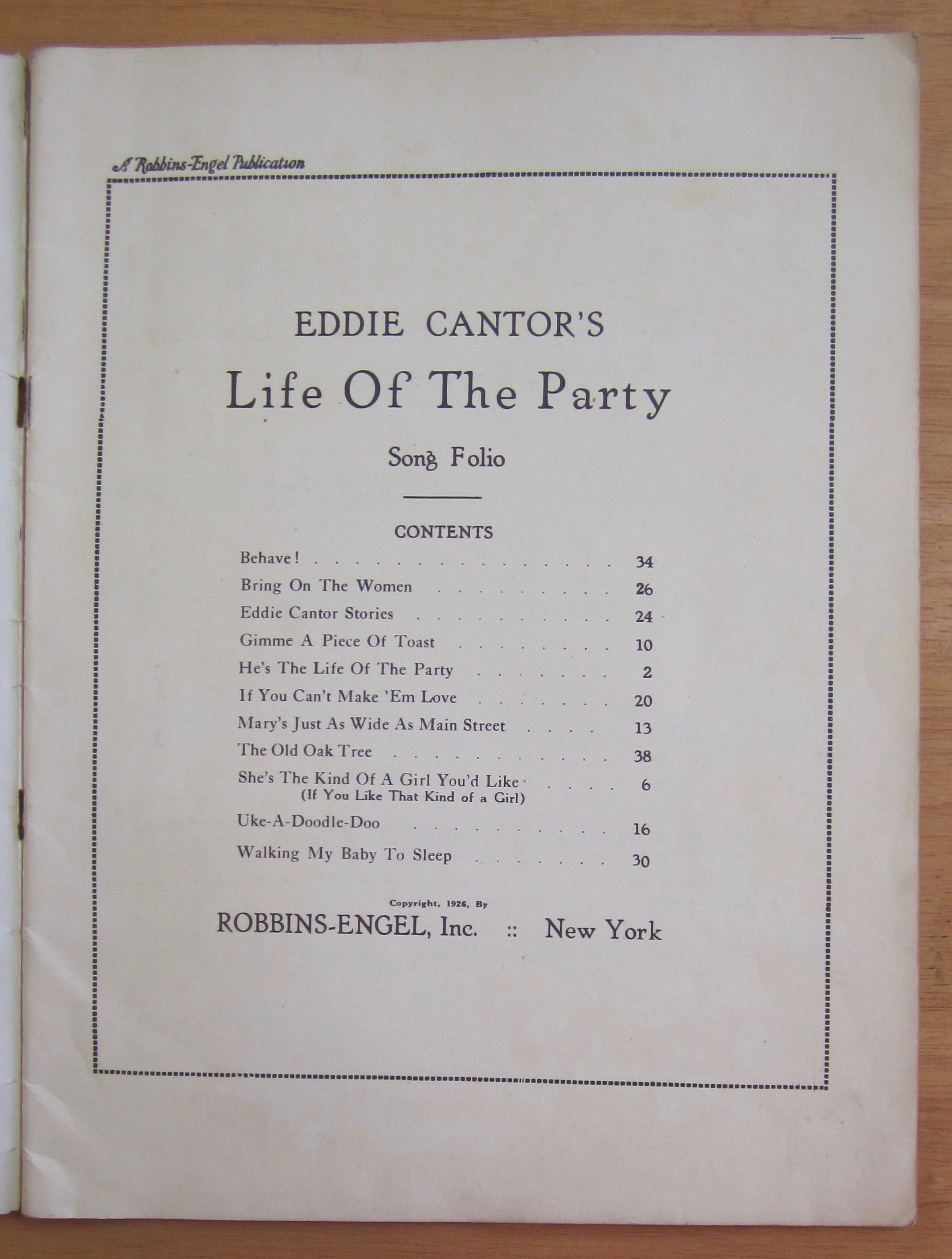 Eddie Cantor's Life Of The Party 1926 Song Folio