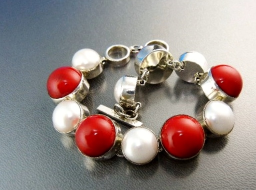 Coral Freshwater Pearl Sterling Silver Toggle Bracelet