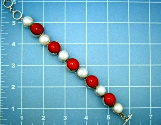 Coral Freshwater Pearl Sterling Silver Toggle Bracelet
