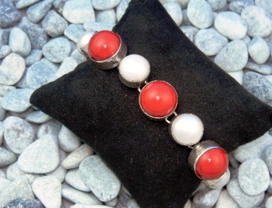 Coral Freshwater Pearl Sterling Silver Toggle Bracelet
