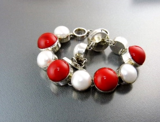 Coral Freshwater Pearl Sterling Silver Toggle Bracelet