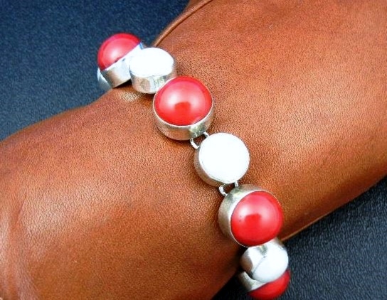 Coral Freshwater Pearl Sterling Silver Toggle Bracelet