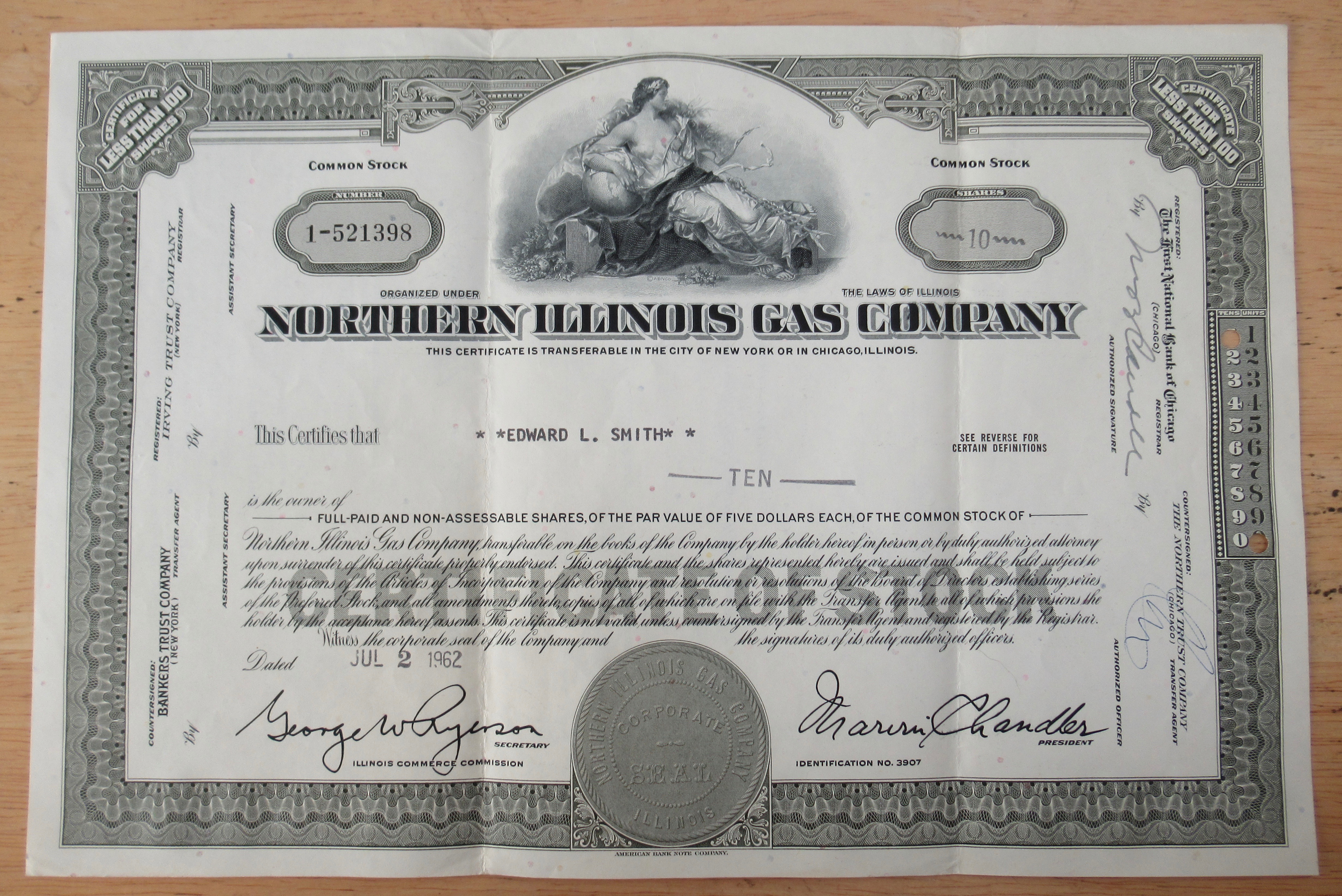 Northern Illinois Gas Company Stock Certificate 1962