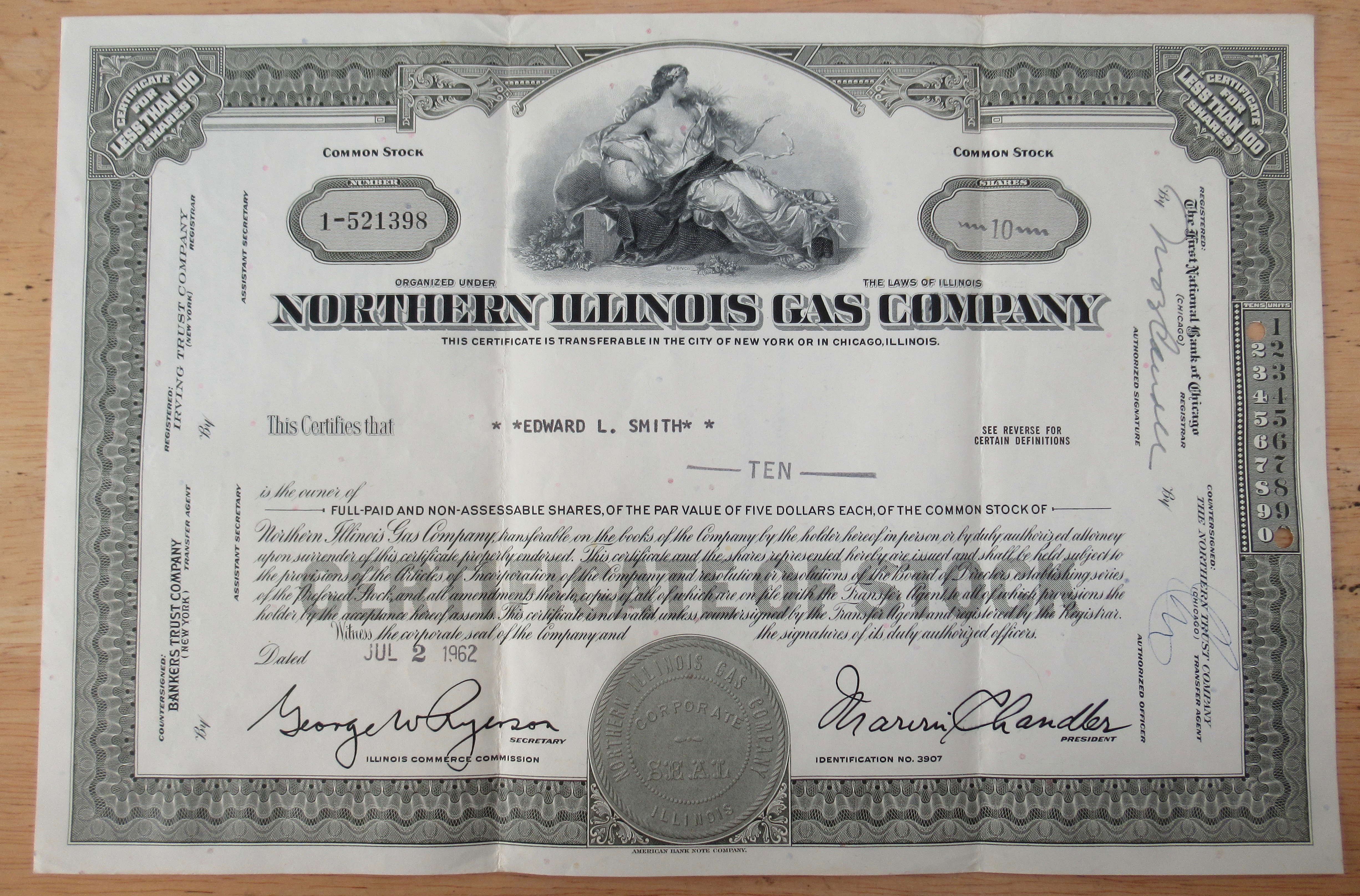 Northern Illinois Gas Company Stock Certificate 1962