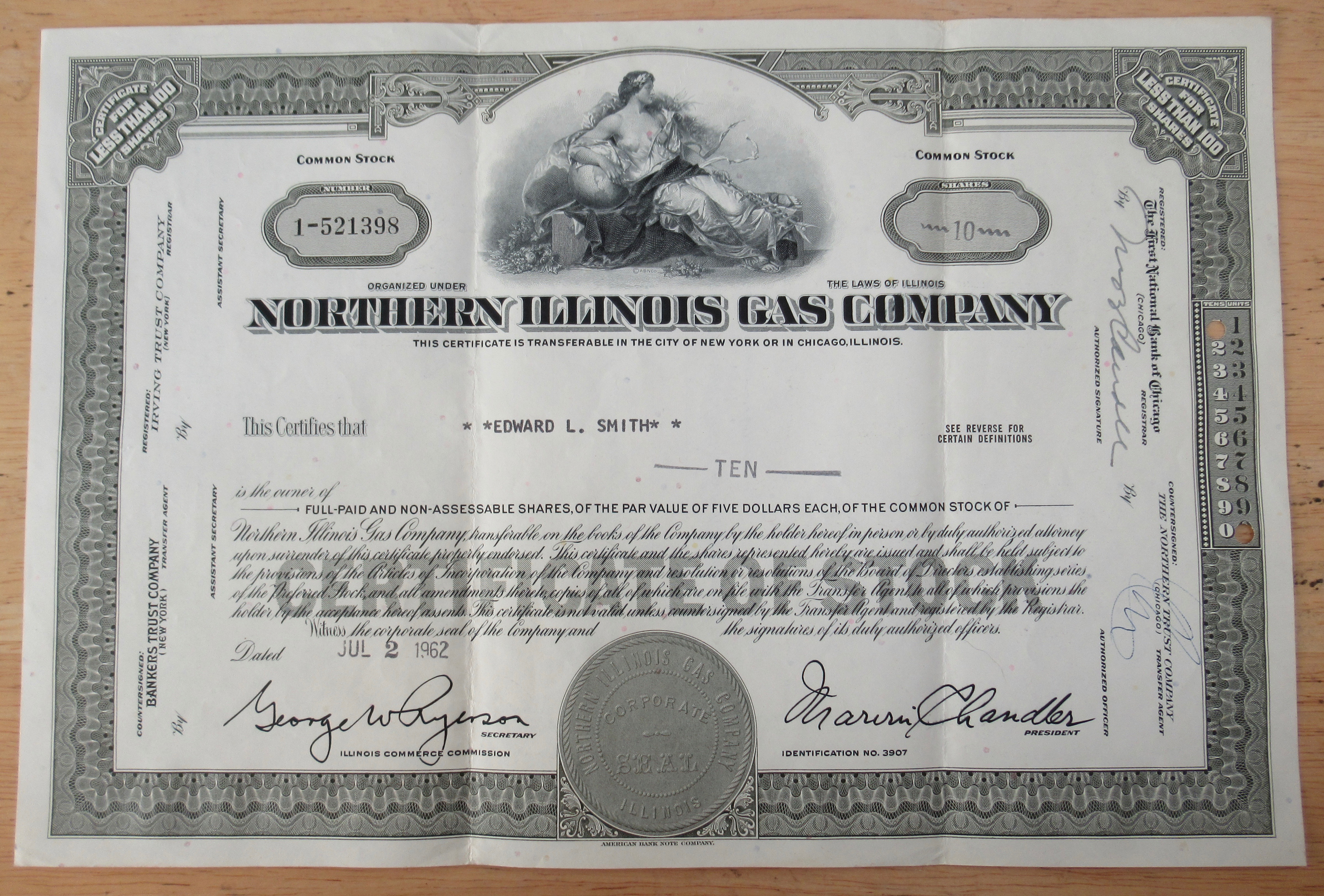 Northern Illinois Gas Company Stock Certificate 1962