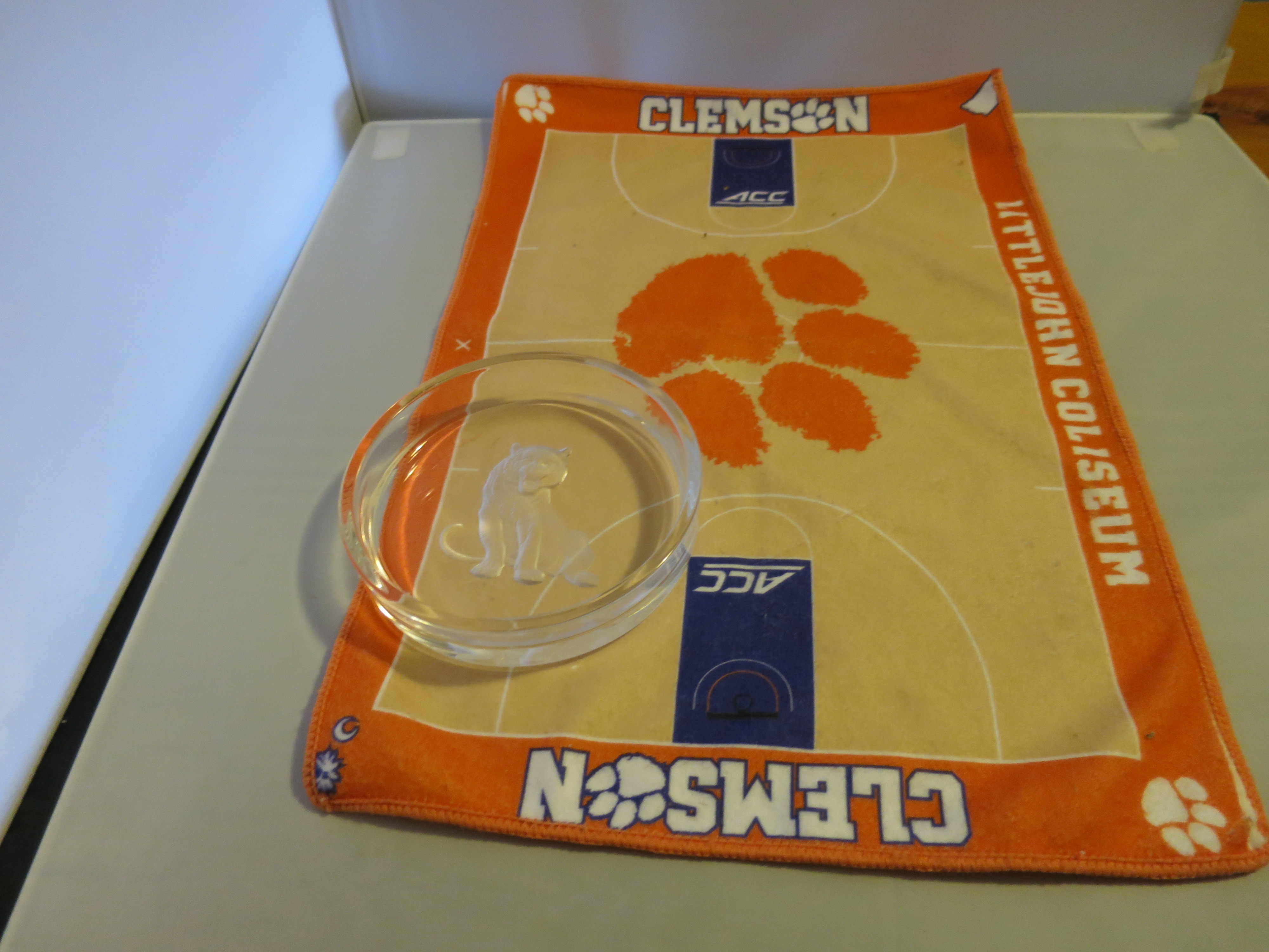 Clemson Littlejohn Coliseum towel and Tiger Clear Glass Dish lot