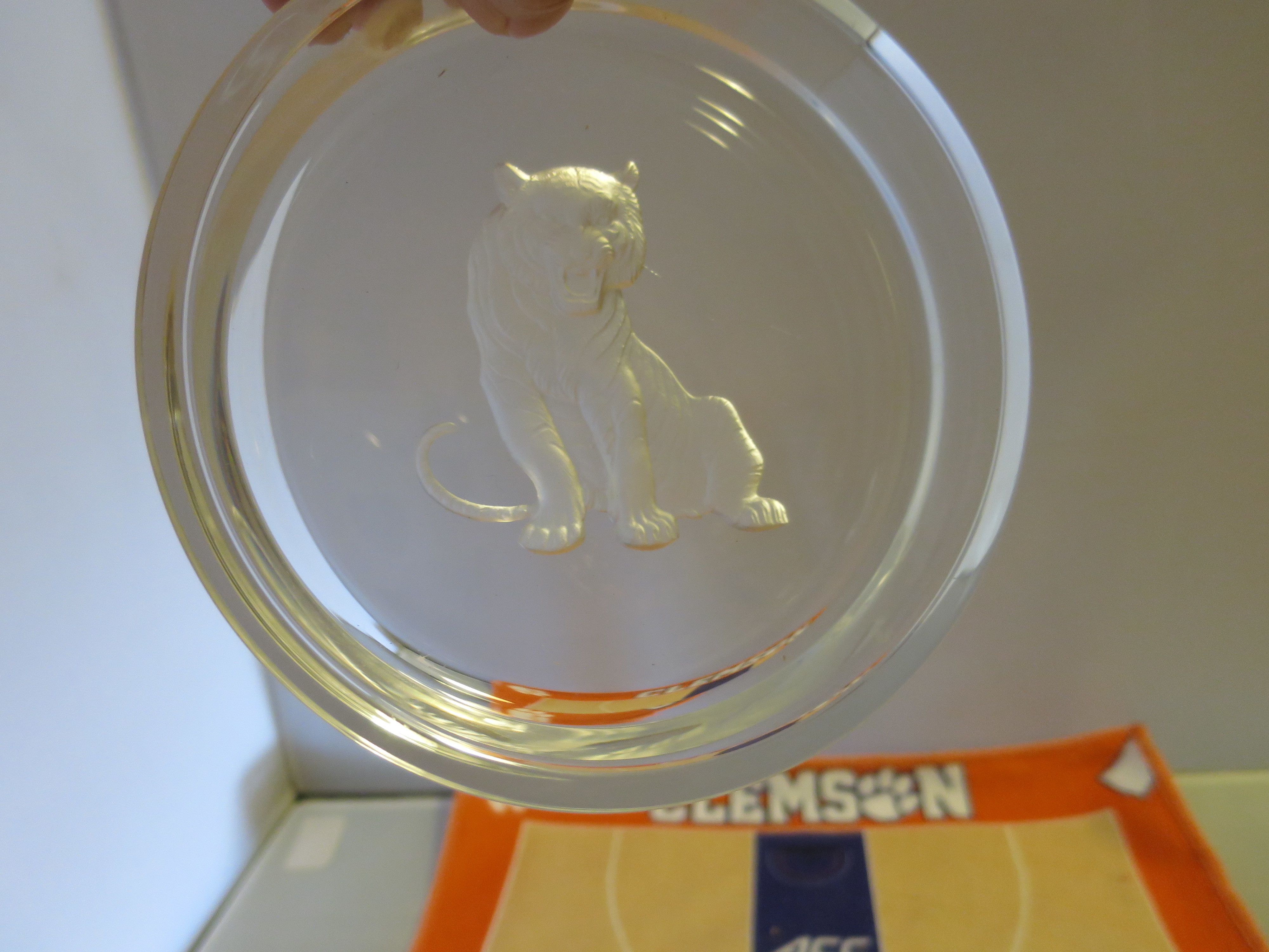 Clemson Littlejohn Coliseum towel and Tiger Clear Glass Dish lot