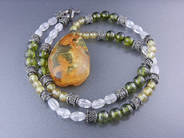 Amber Sterling Silver Peridot Citrine Crystal Necklace