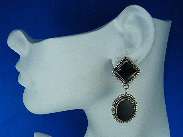 Sterling Silver Onyx Clip Earrings 2 1/4 Inches