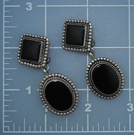Sterling Silver Onyx Clip Earrings 2 1/4 Inches