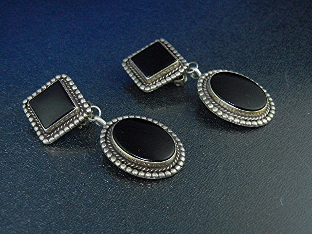 Sterling Silver Onyx Clip Earrings 2 1/4 Inches