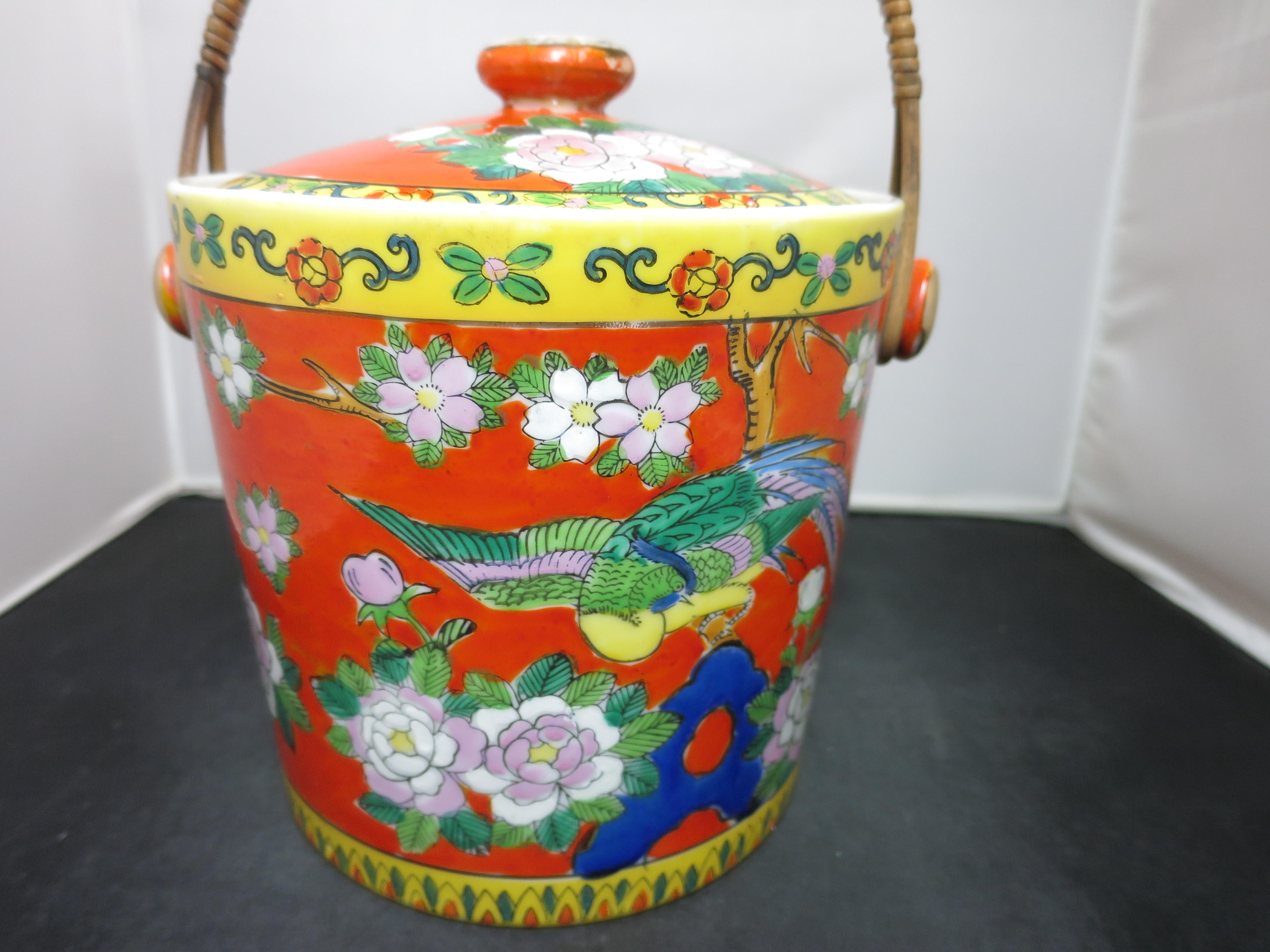 Made in Japan Cookie Jar Canister Bird Floral bail handle