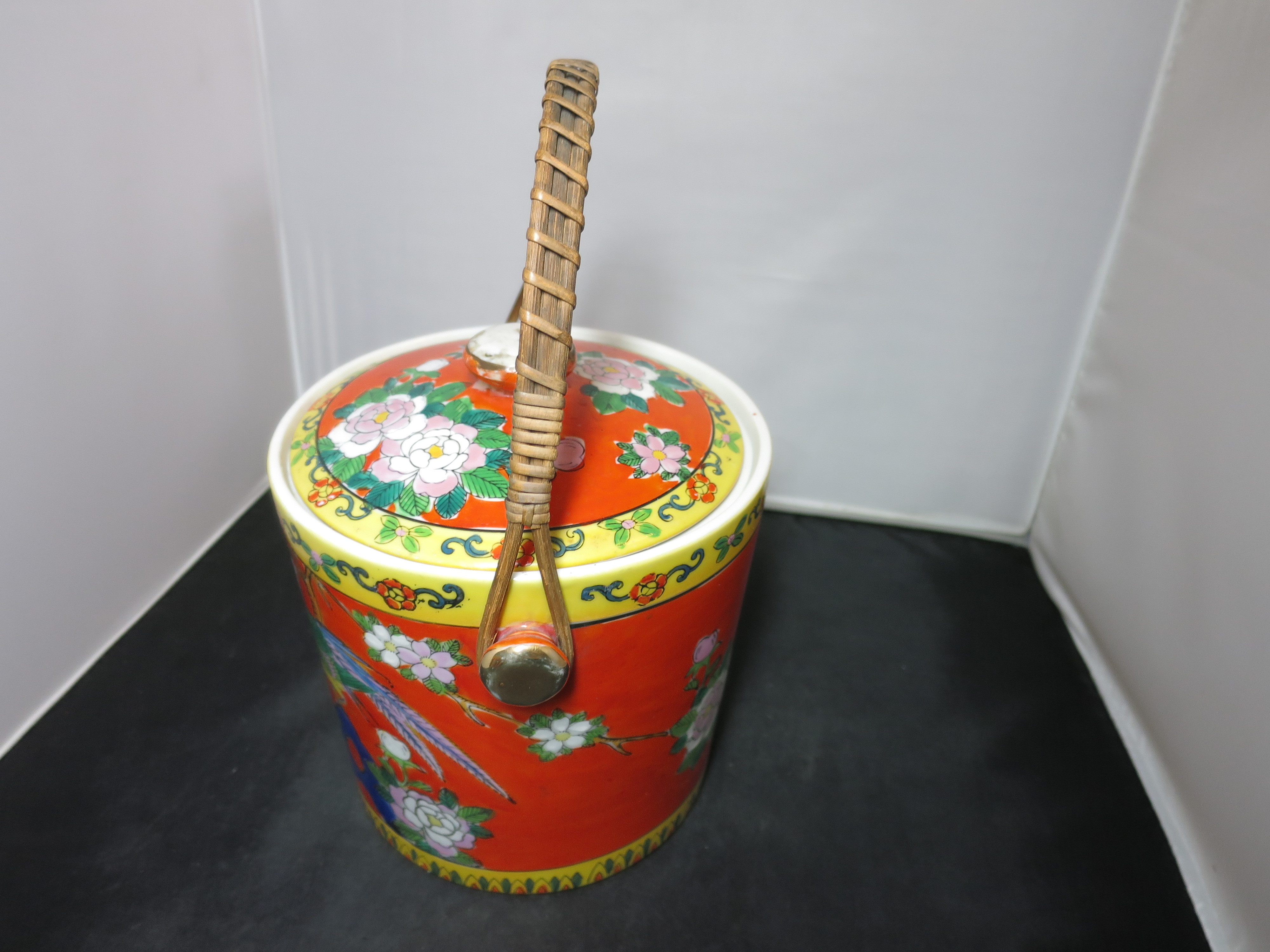 Made in Japan Cookie Jar Canister Bird Floral bail handle