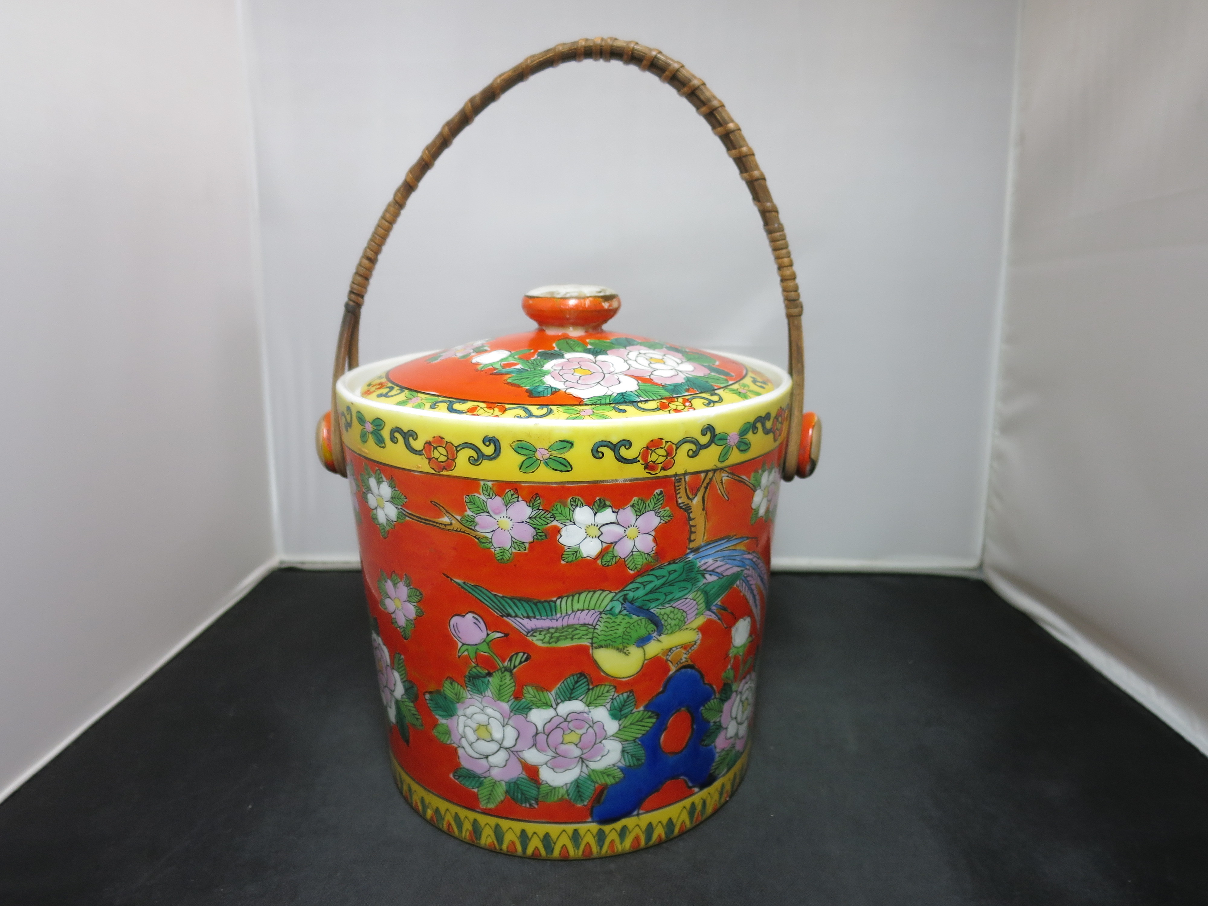 Made in Japan Cookie Jar Canister Bird Floral bail handle