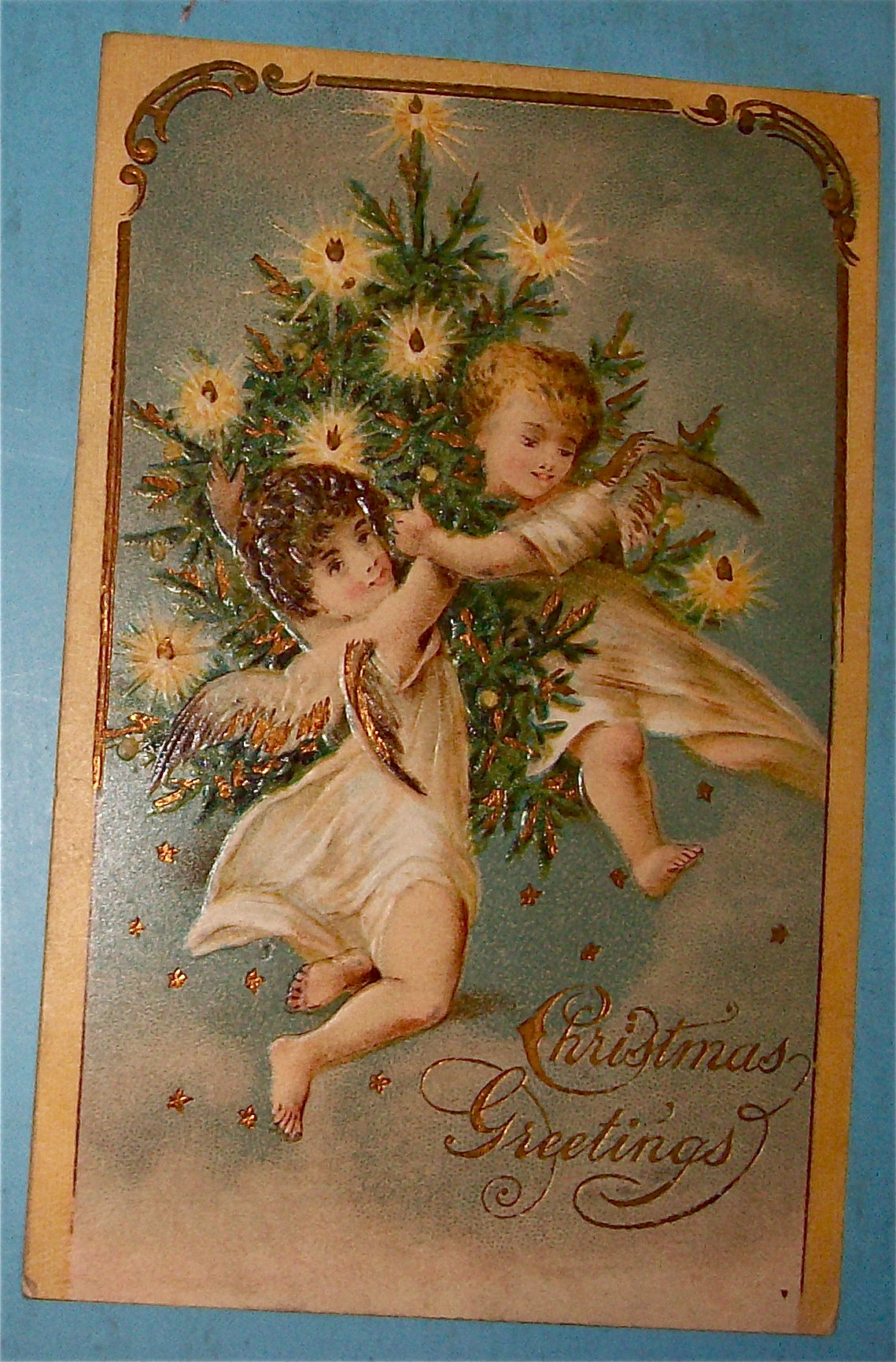 Christmas Greetings Postcard With Two Angels