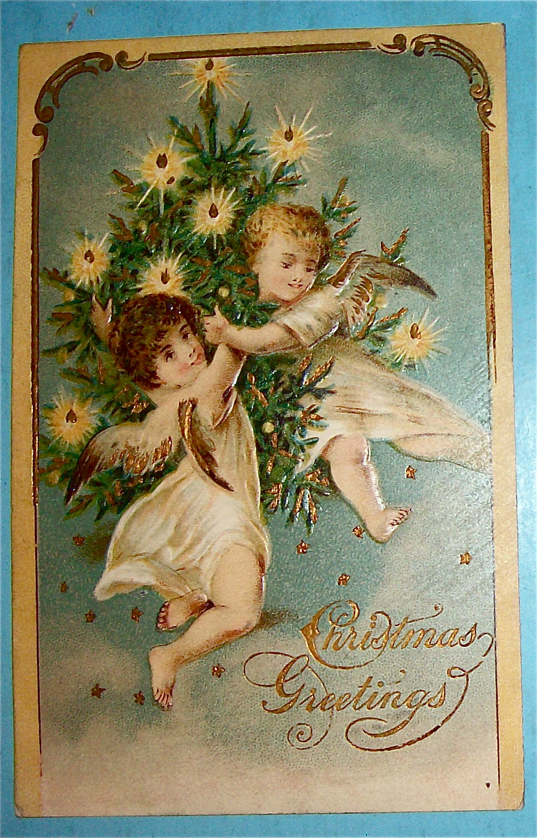 Christmas Greetings Postcard With Two Angels