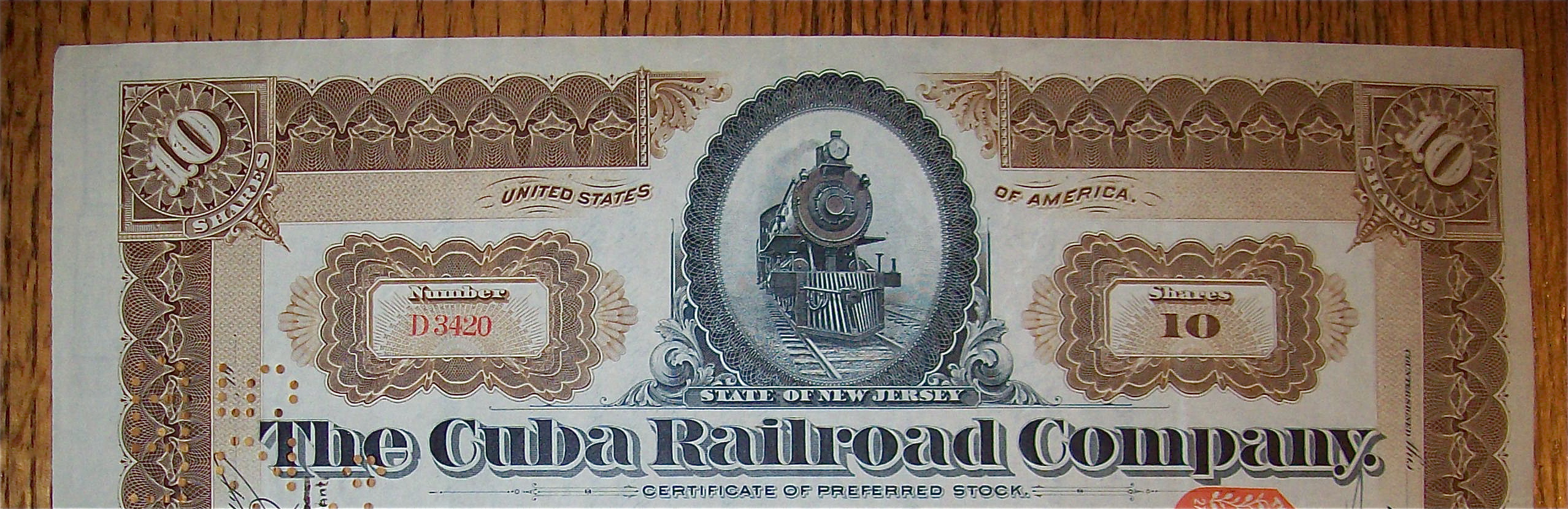 1912 Cuba Railroad Company 10 Shares Stock