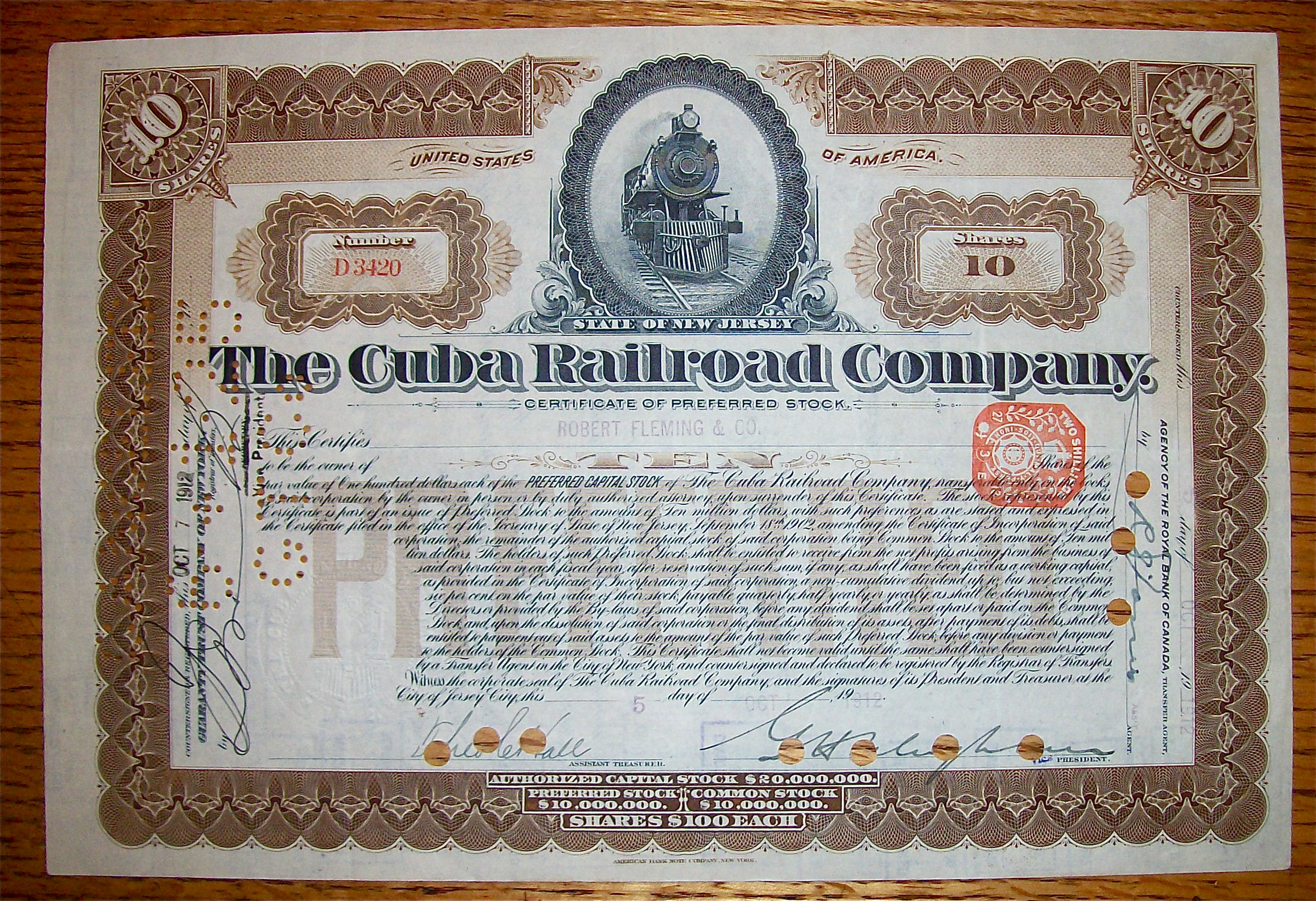 1912 Cuba Railroad Company 10 Shares Stock