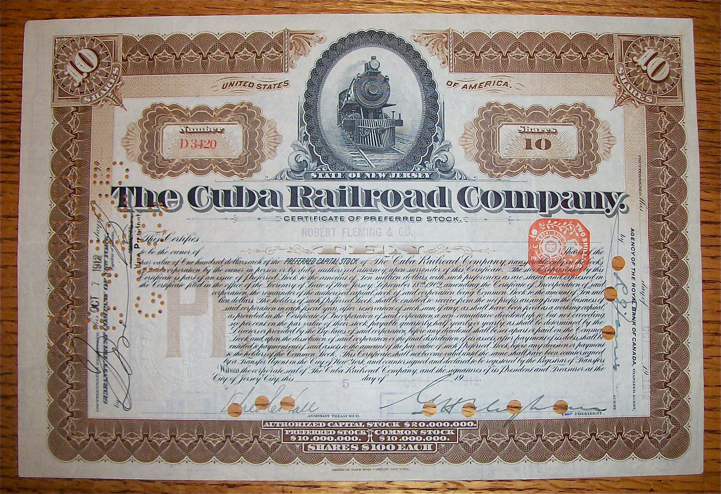 1912 Cuba Railroad Company 10 Shares Stock