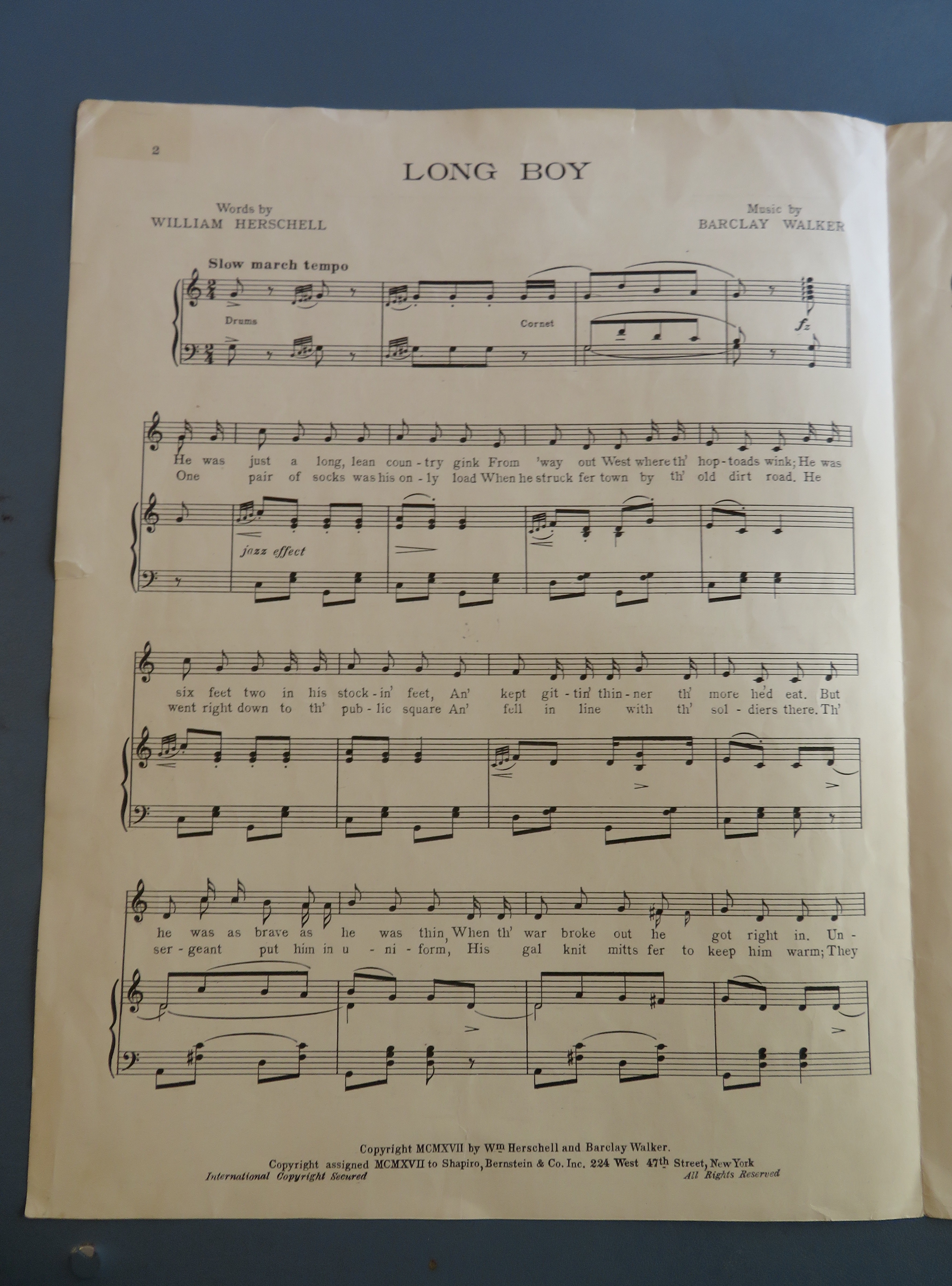 1917 Long Boy Sheet Music Herschell & Walker