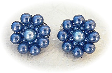 Blue Faux Pearl Flower Clip Earrings JAPAN