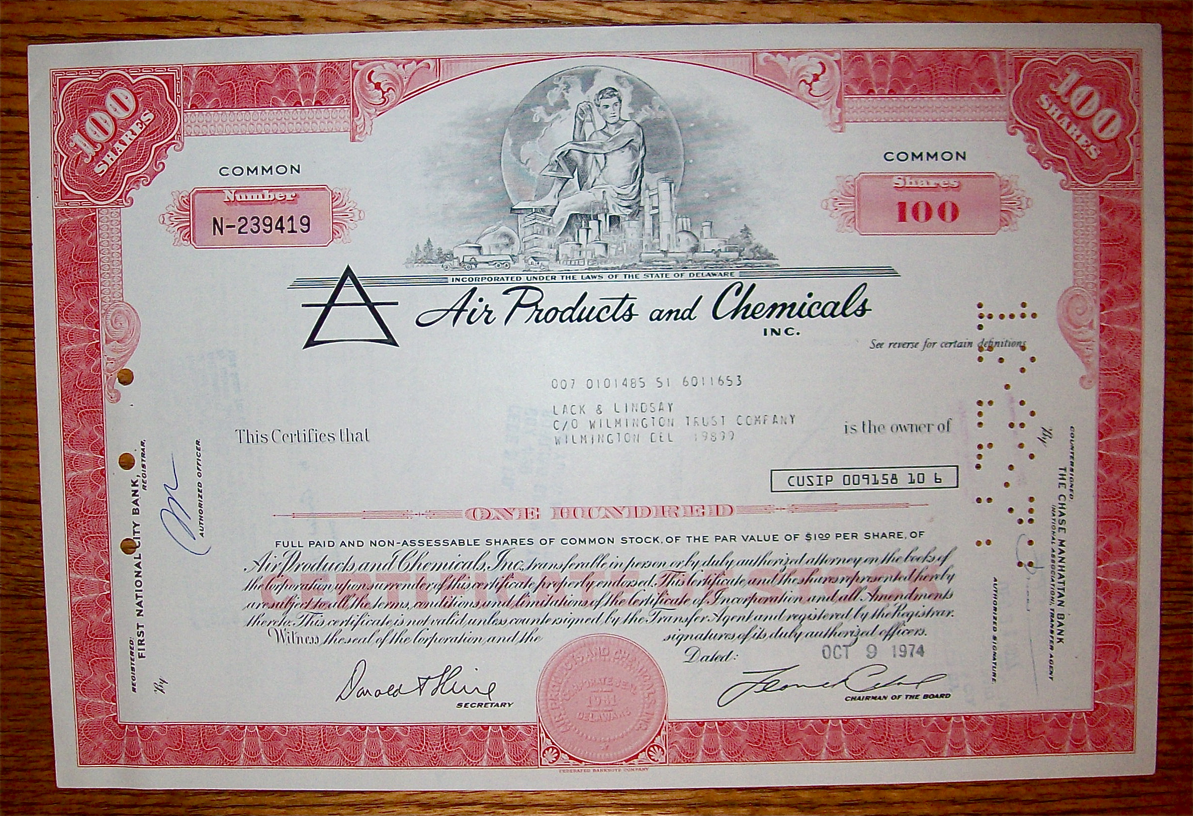 1974 Air Products And Chemicals Stock Certificate