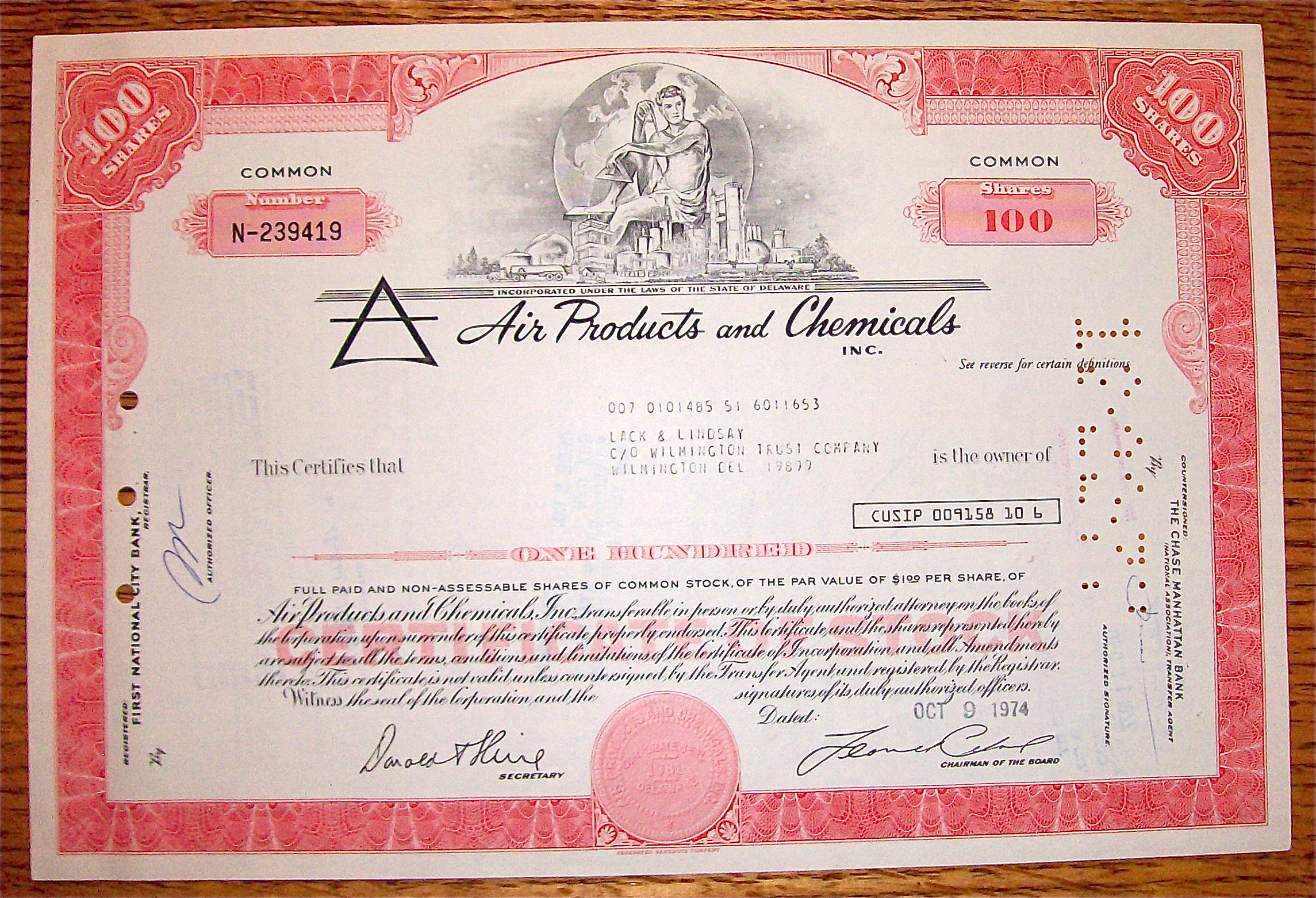 1974 Air Products And Chemicals Stock Certificate