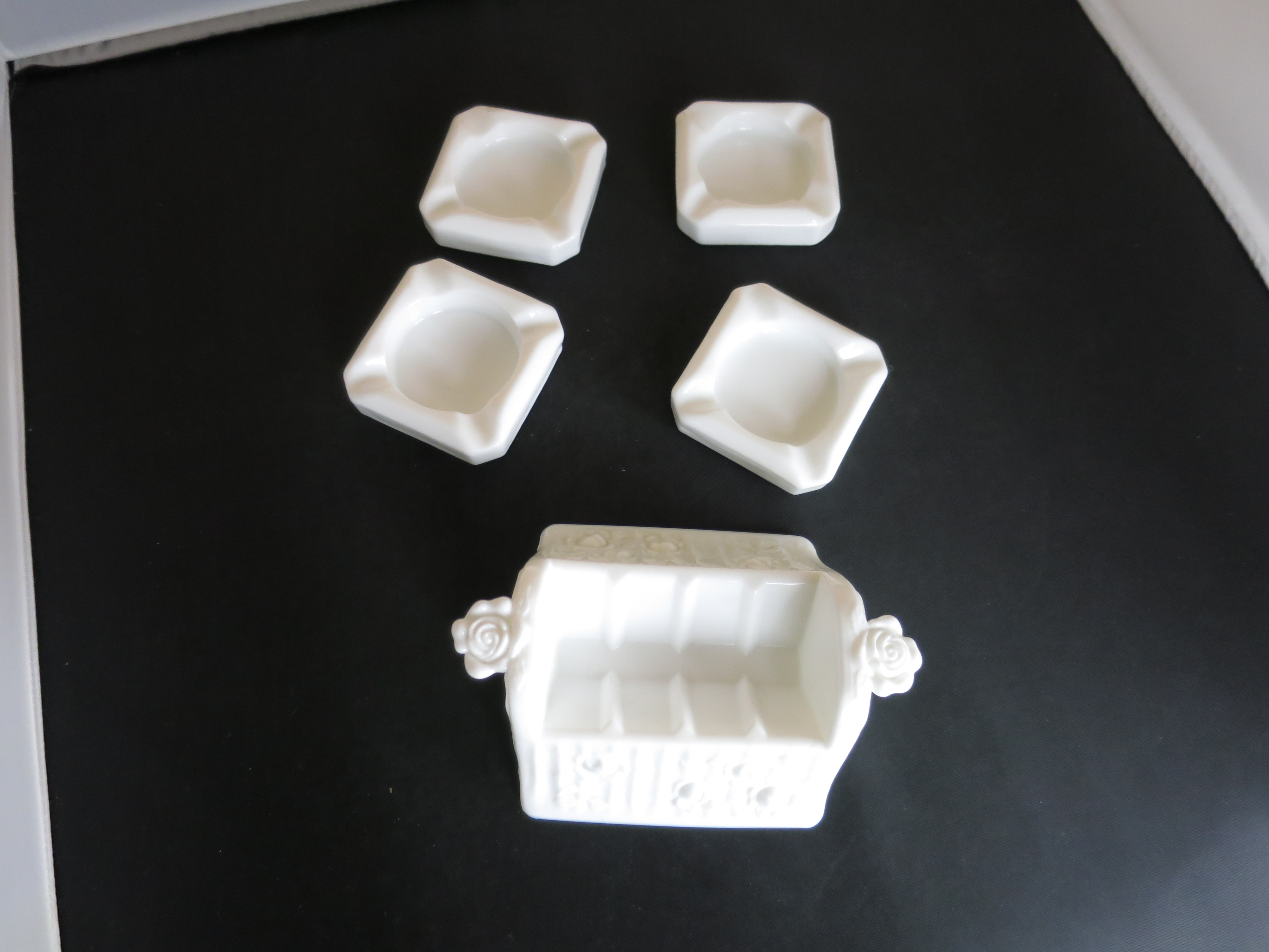 Fenton Art Glass Rose Ashtray Set Milk Glass 1968-1970