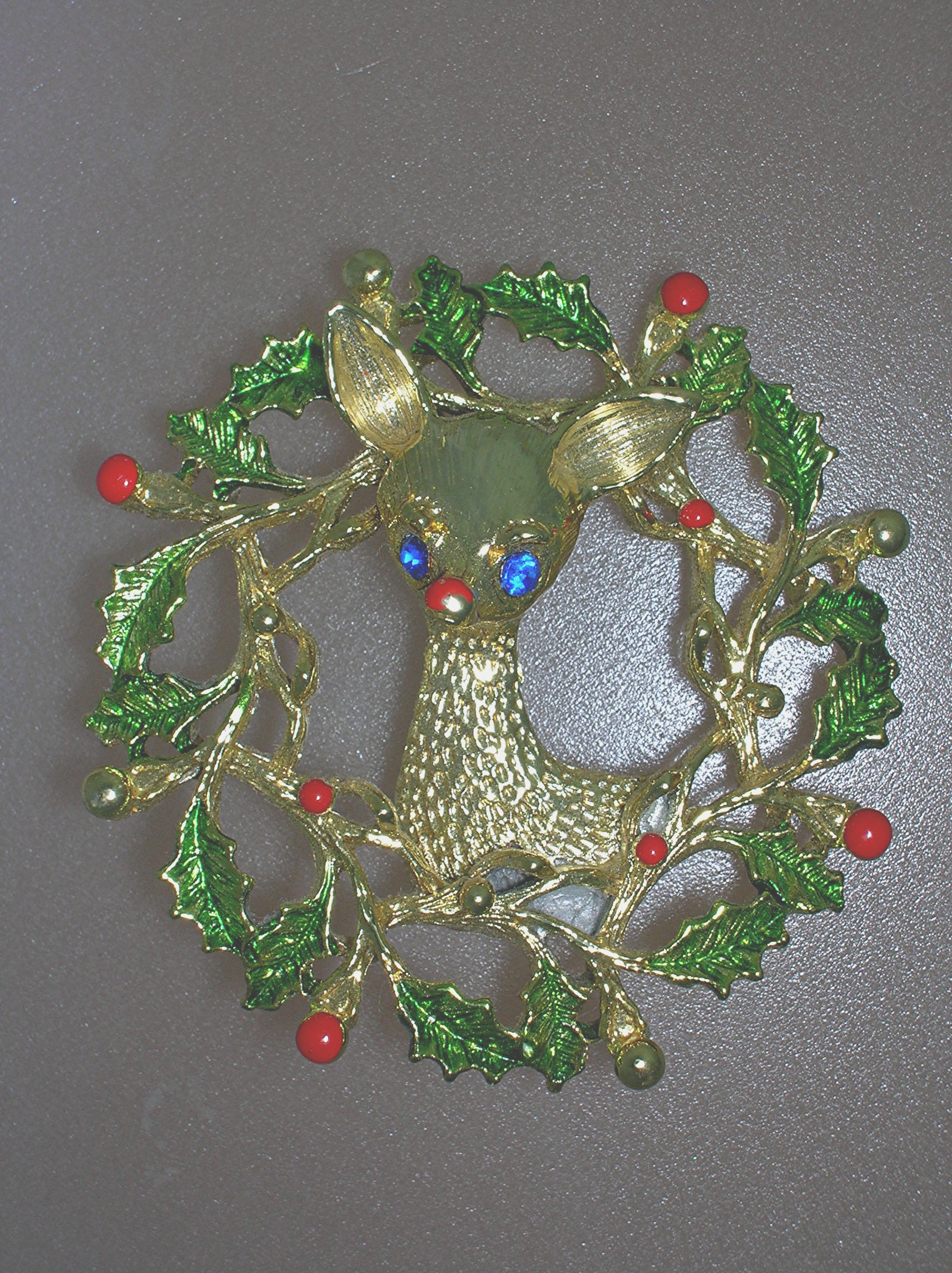 Christmas Holly Reindeer Gold Crystal Brooch Gerrys