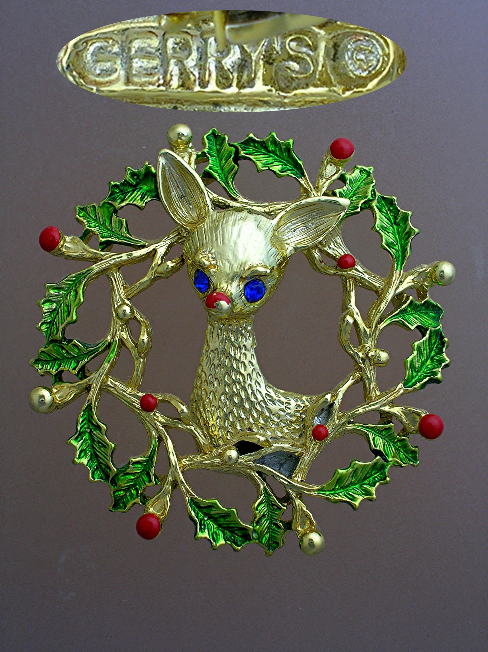 Christmas Holly Reindeer Gold Crystal Brooch Gerrys
