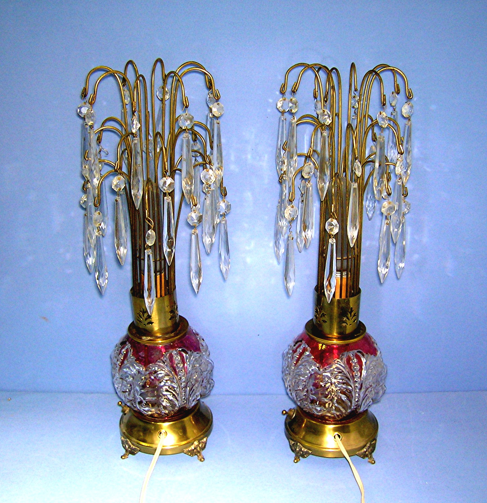 Pair Vintage Crystal Teardrop Waterfall Lamps .....