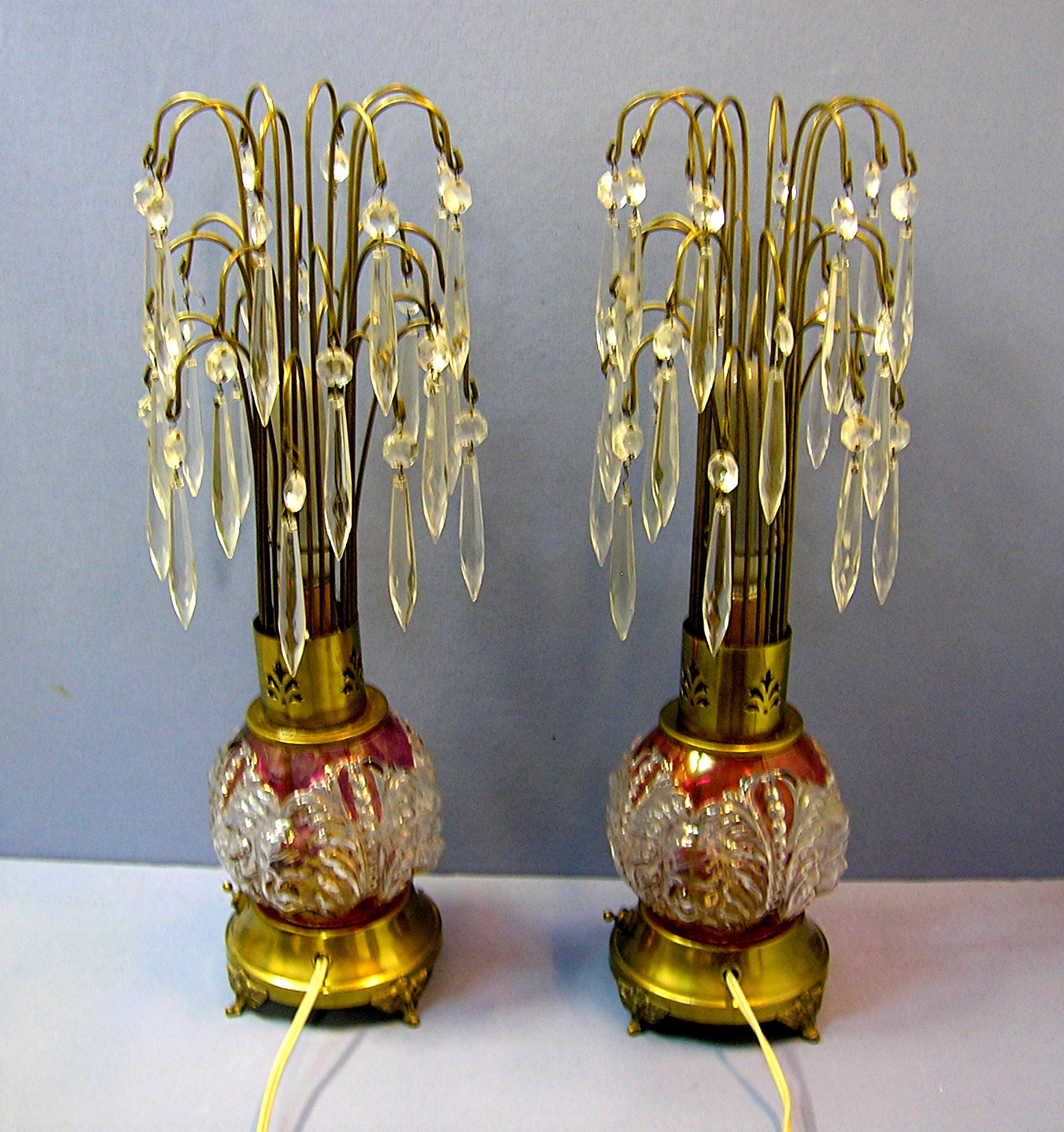 Pair Vintage Crystal Teardrop Waterfall Lamps .....