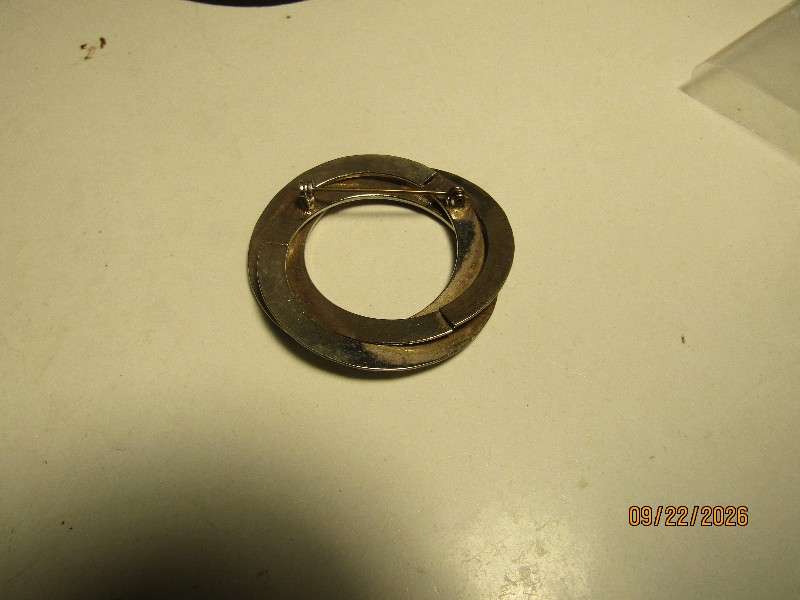 Vintage Engraved Triple Interlocking Circle Brooch, Gold and Silver Tone Scrollwork Pin