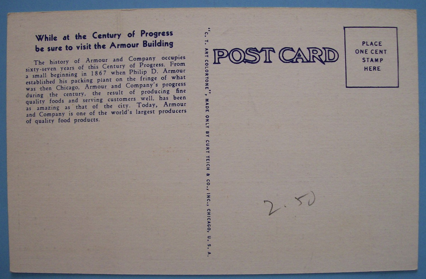 1933 Century Of Progress Armour Building Postcard