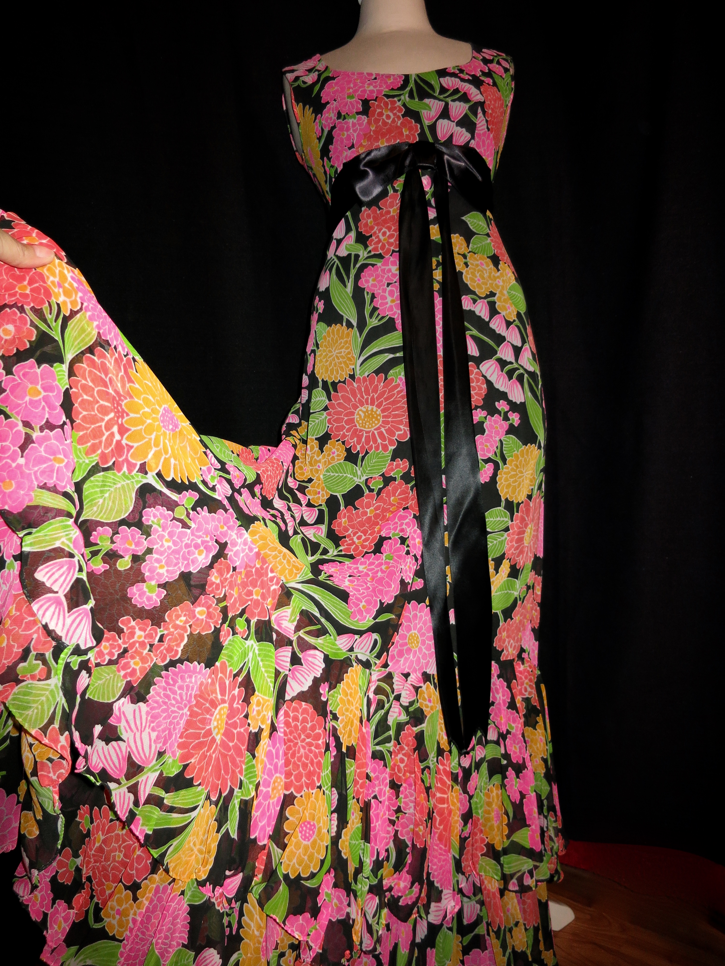 Floral Flared Ruffled Maxi Dress Hand Tailored 1960s
