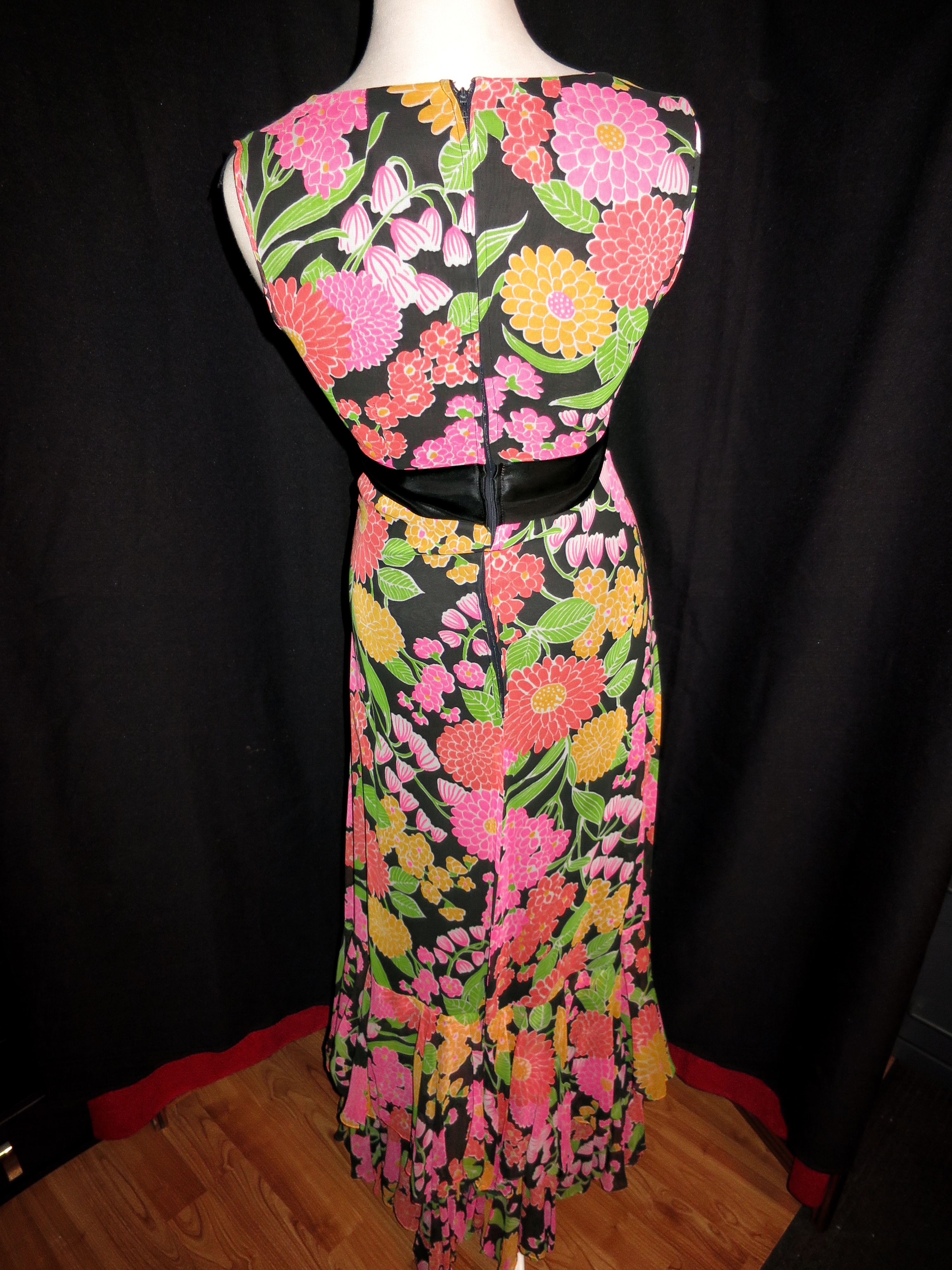 Floral Flared Ruffled Maxi Dress Hand Tailored 1960s