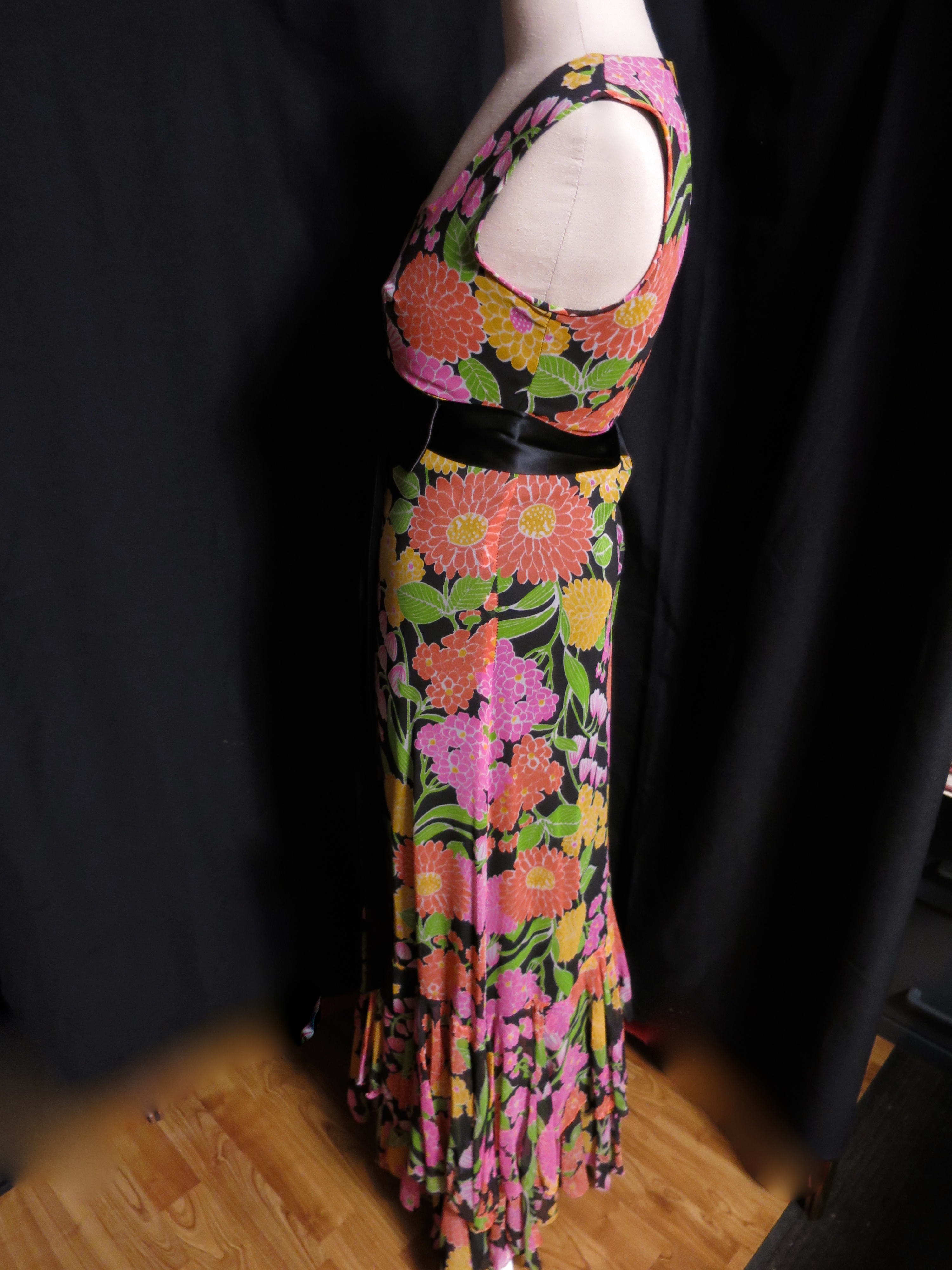 Floral Flared Ruffled Maxi Dress Hand Tailored 1960s
