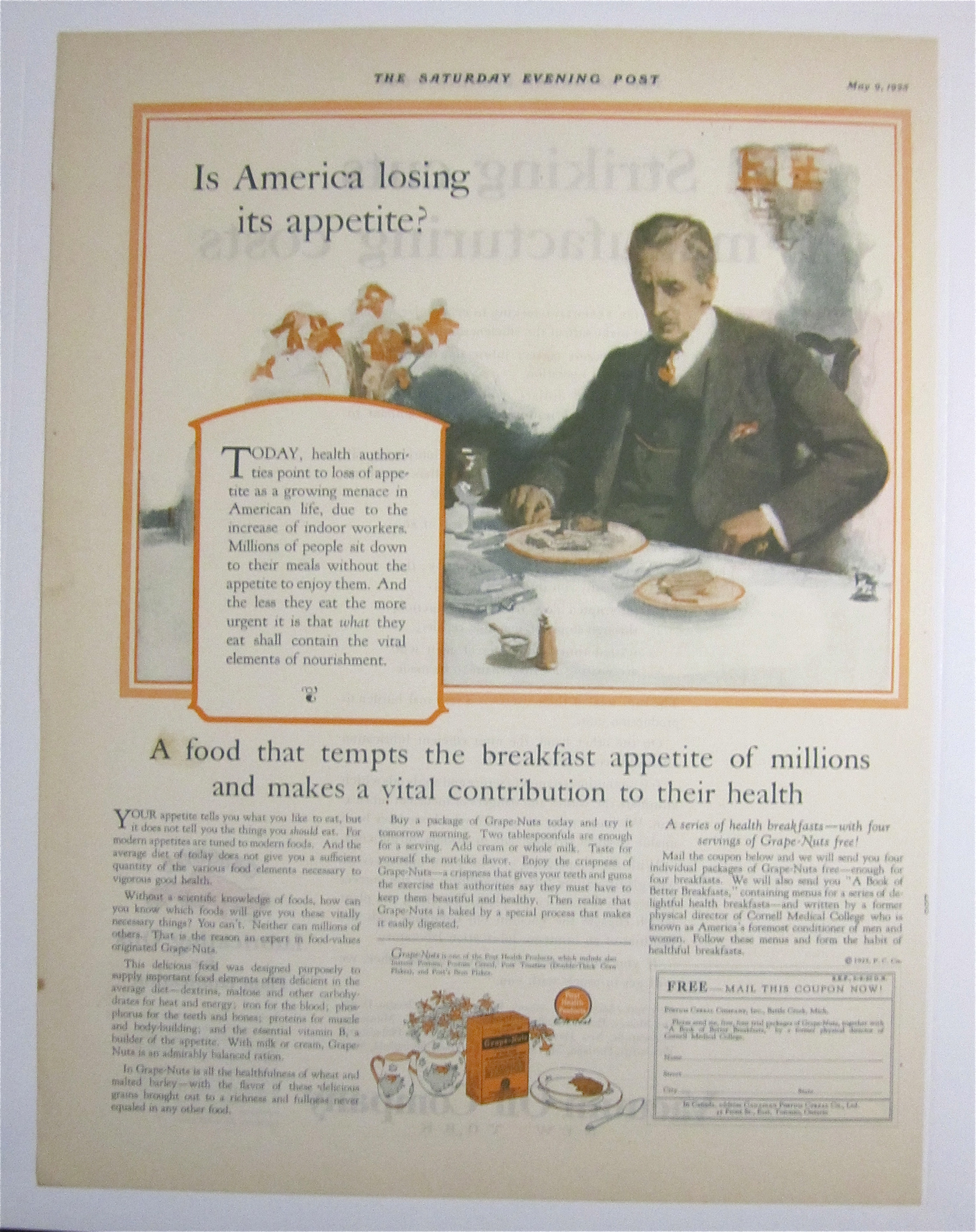 1925 Grape Nuts Cereal with Man Eating Breakfast