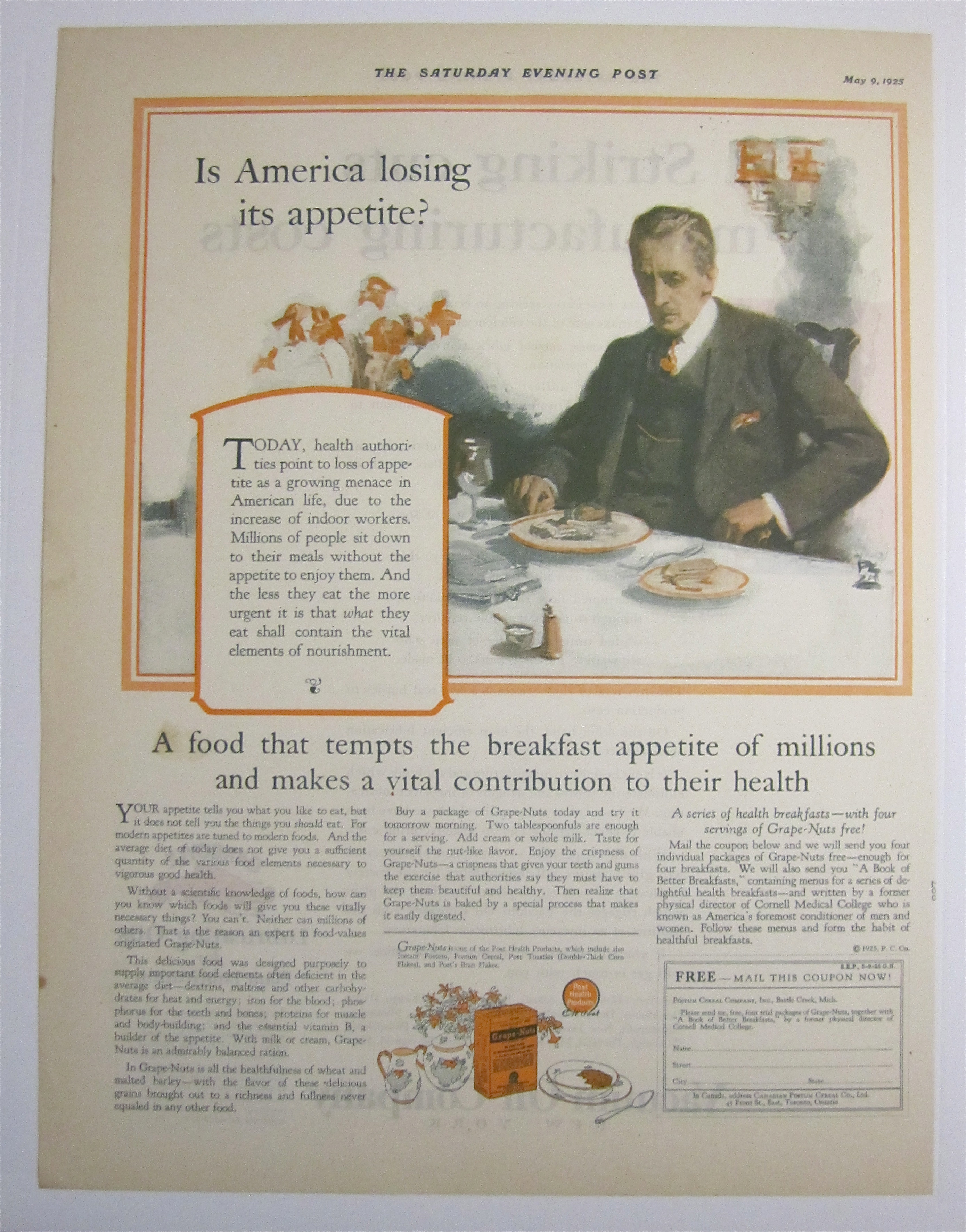1925 Grape Nuts Cereal with Man Eating Breakfast