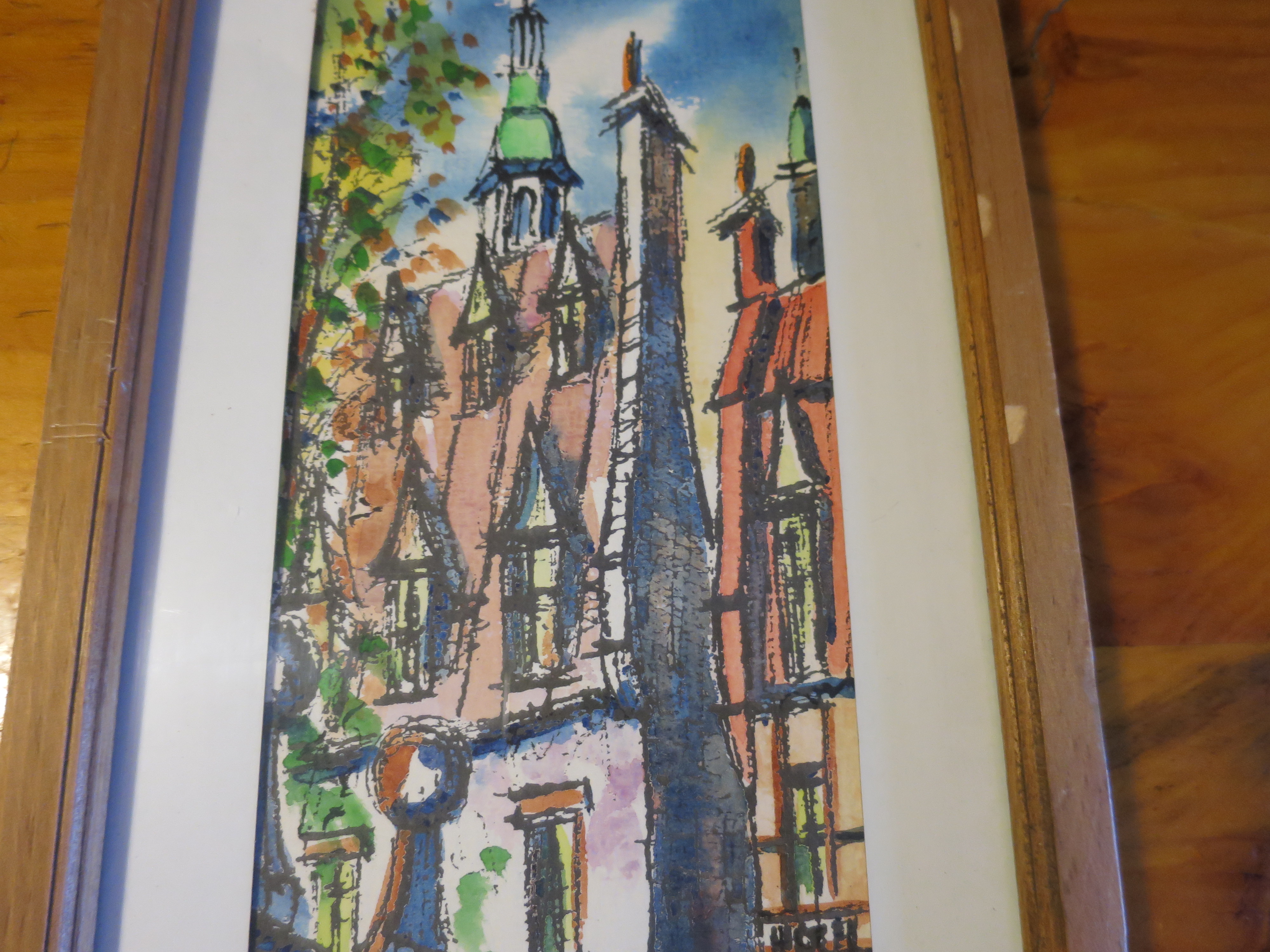 European Townscape Watercolor Painting signed