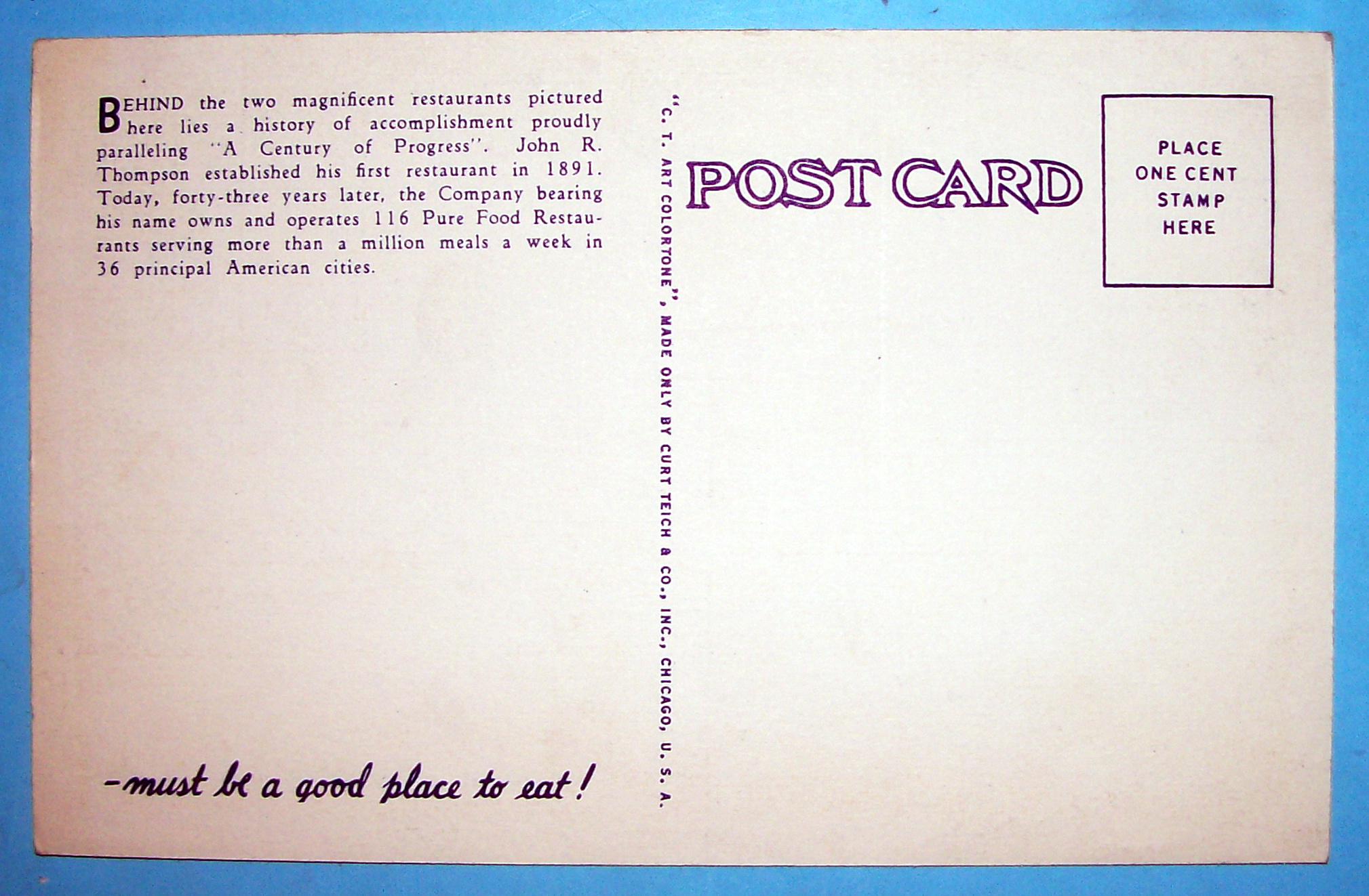 1933 Century of Progress, Thompson Restaurant Postcard