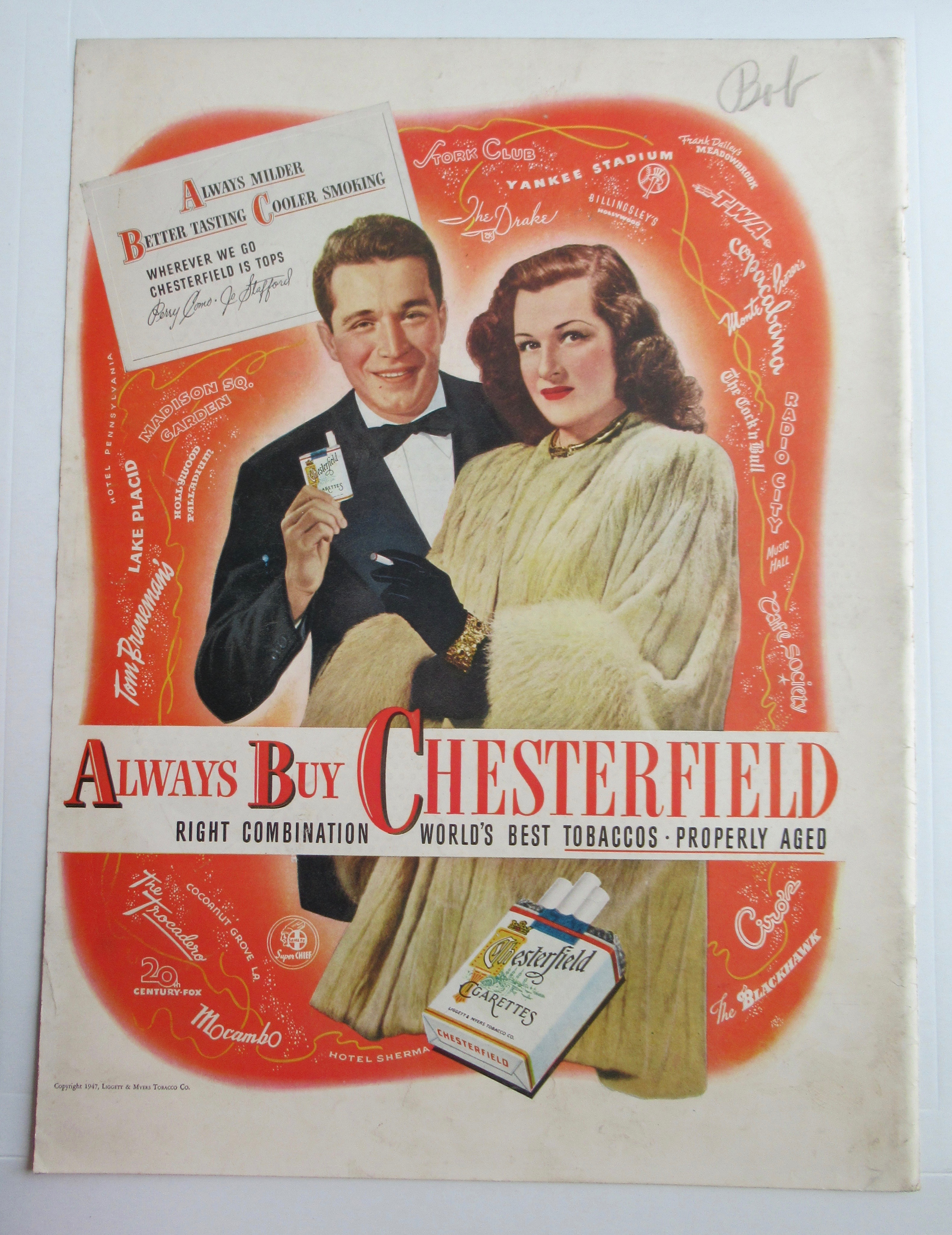 1946 Chesterfield Cigarettes w/Perry Como & Jo Stafford