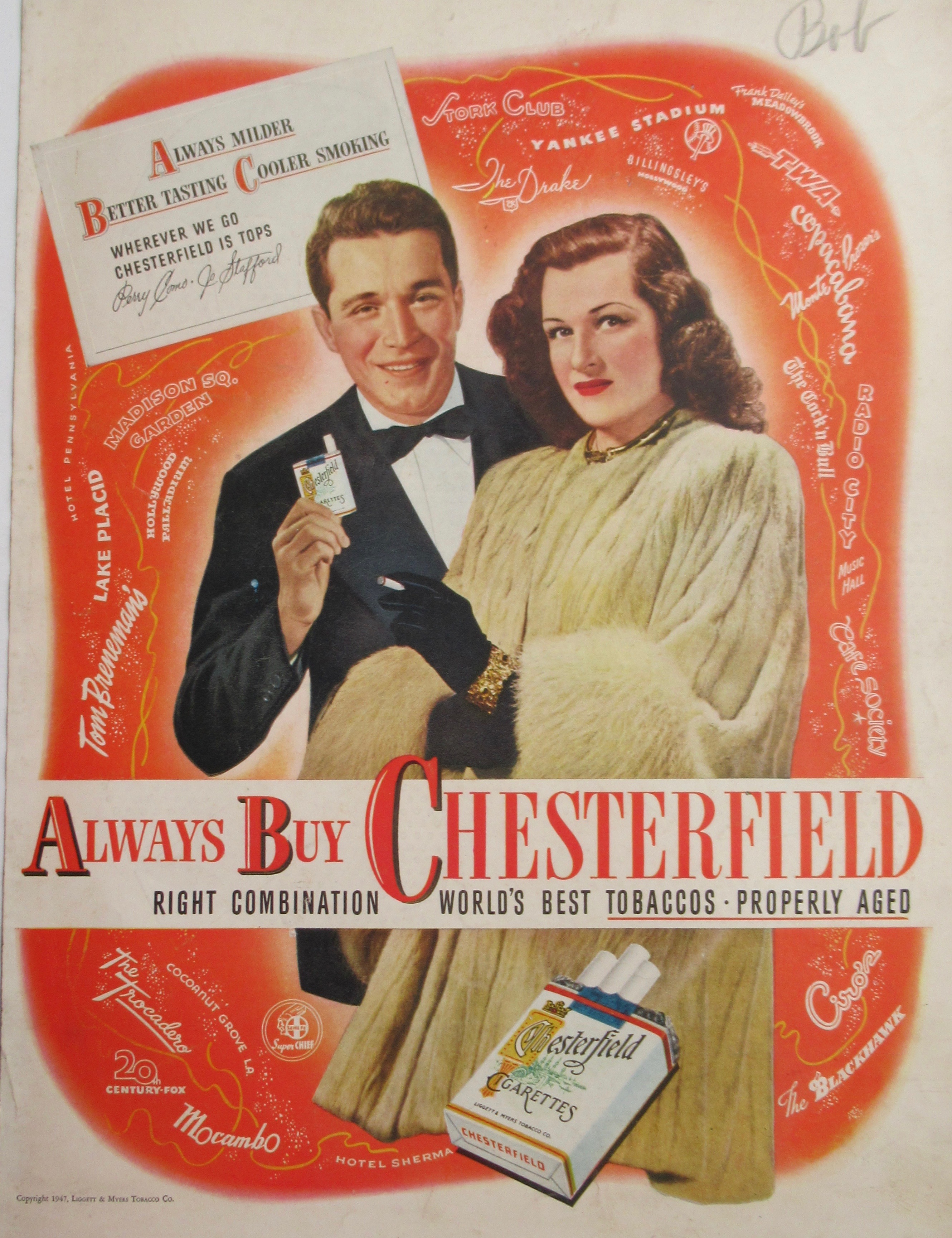 1946 Chesterfield Cigarettes w/Perry Como & Jo Stafford